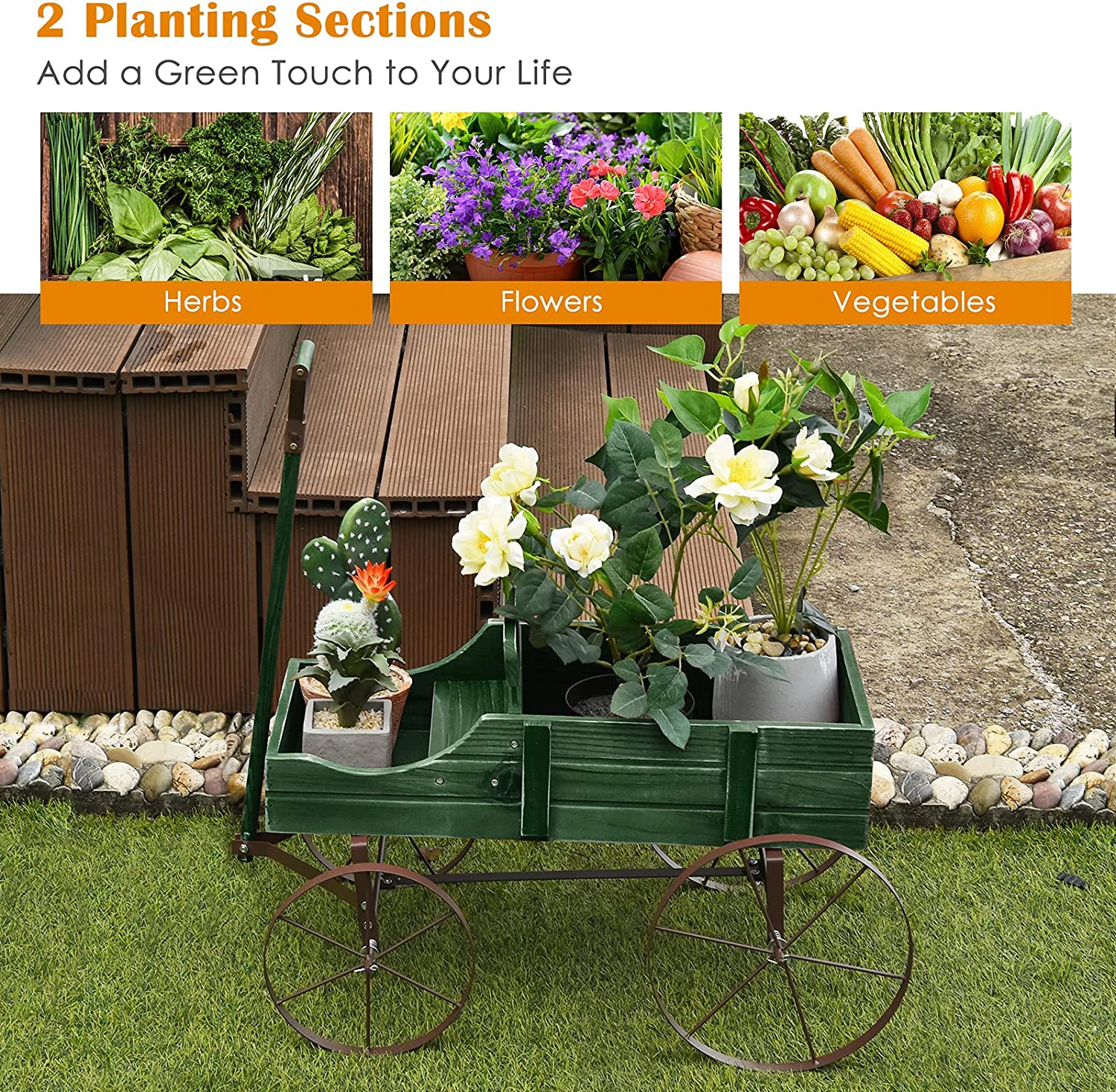 SUGIFT Red Wooden Wagon Planter with Antique Metal Wheels 24.5-in W 13.5-in D 24-in H 33-lb Cart Capacity