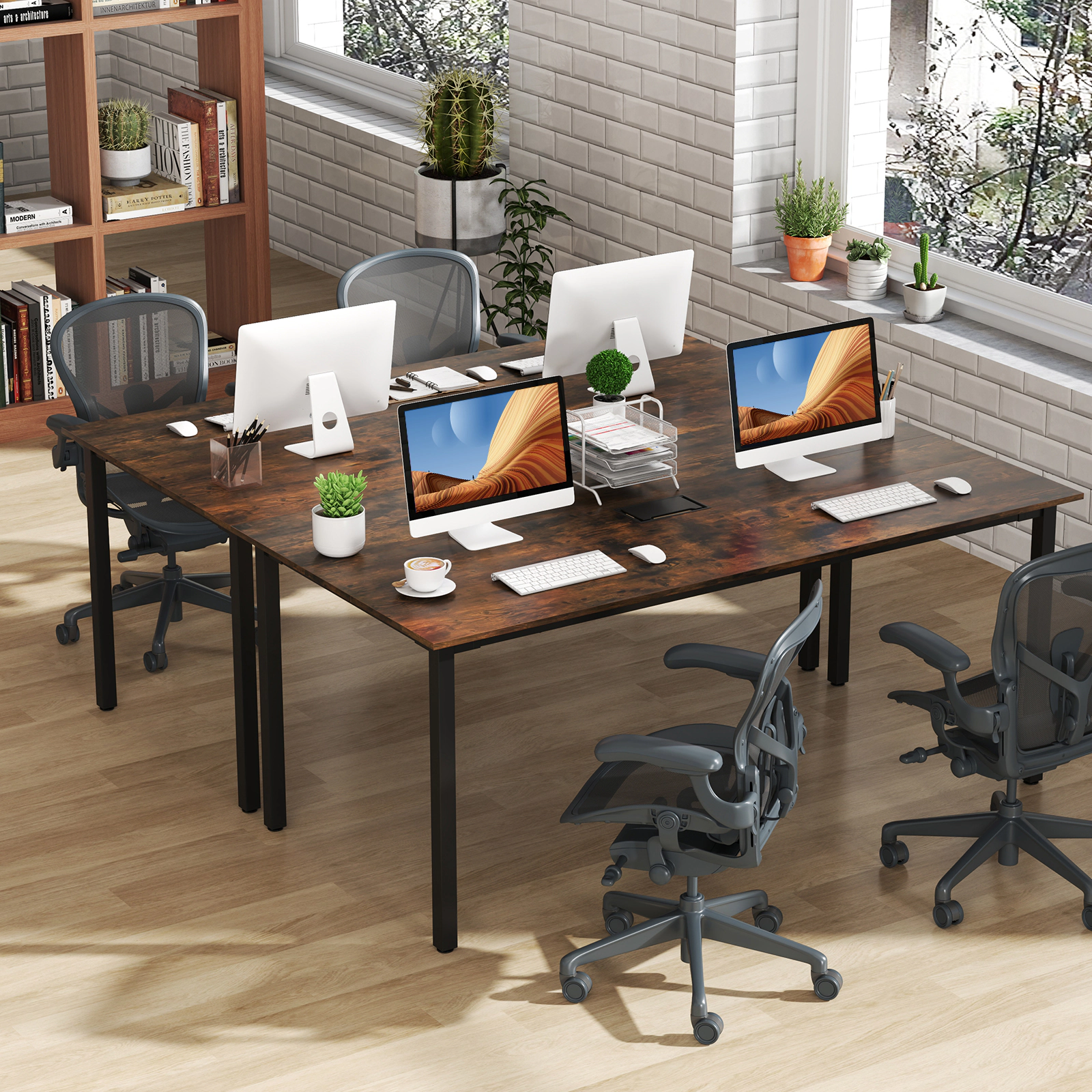 SUGIFT 6 Ft Rectangle Conference Room Desk Table with Cable Hole 265-Lb Capacity Seats 8-10 People Rustic Brown + Black