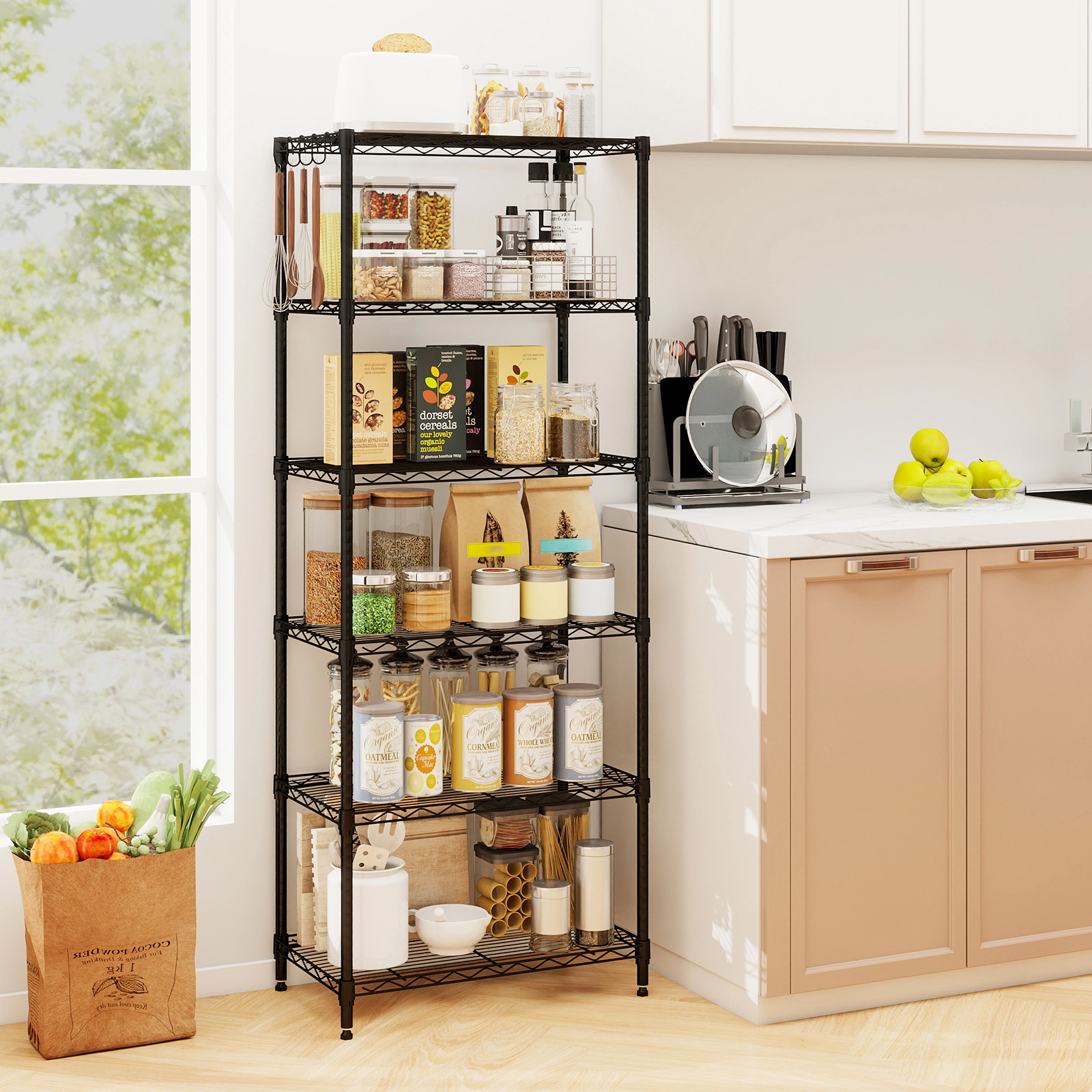 SUGIFT 6-Tier 900-lb Capacity Metal Storage Shelving Unit with V-Shaped Wire Rack and 4 Removable Hooks
