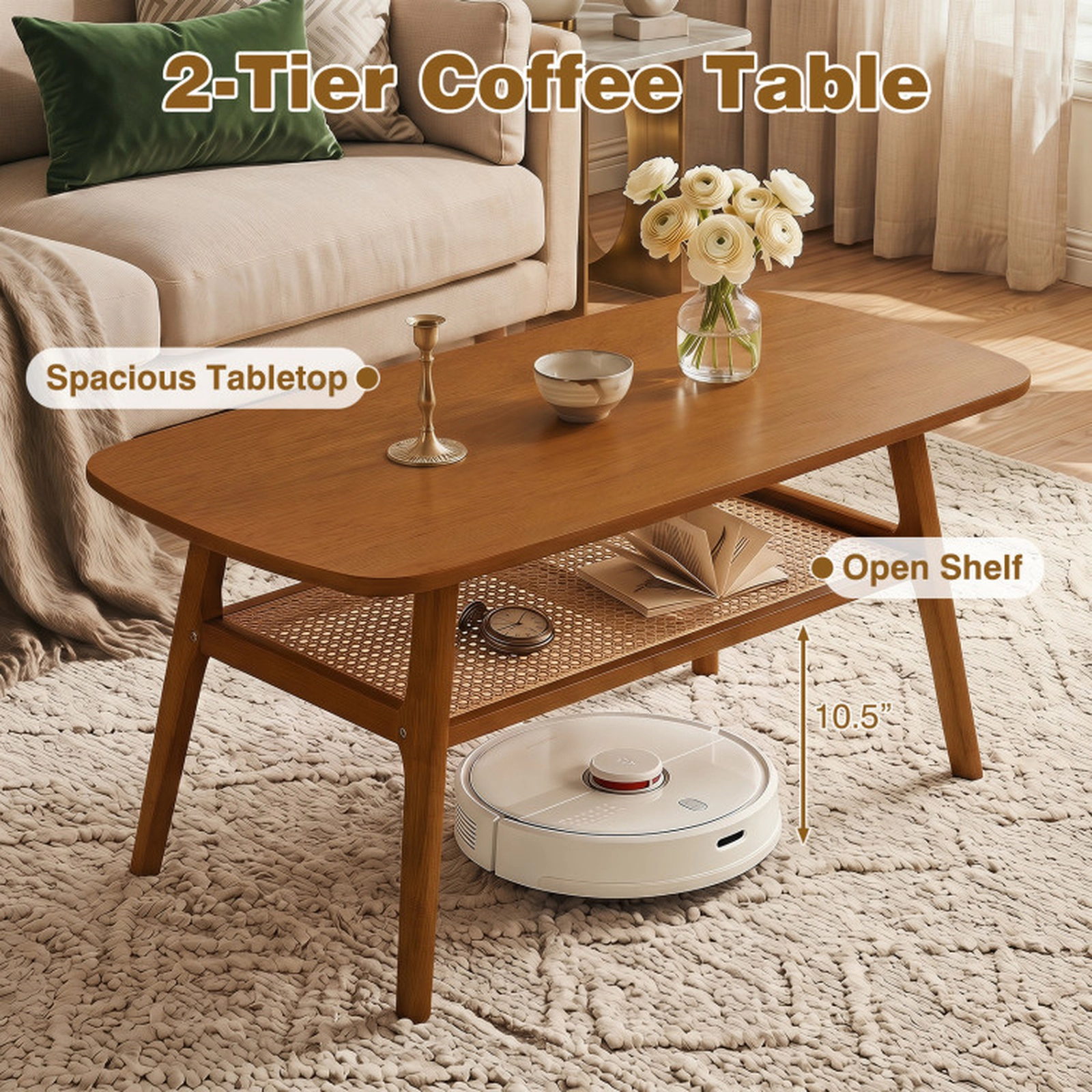 SUGIFT 2-Tier Boho Rattan Coffee Table with Rounded Corners 175-lb Tabletop 45-lb Shelf Capacity Natural/Walnut