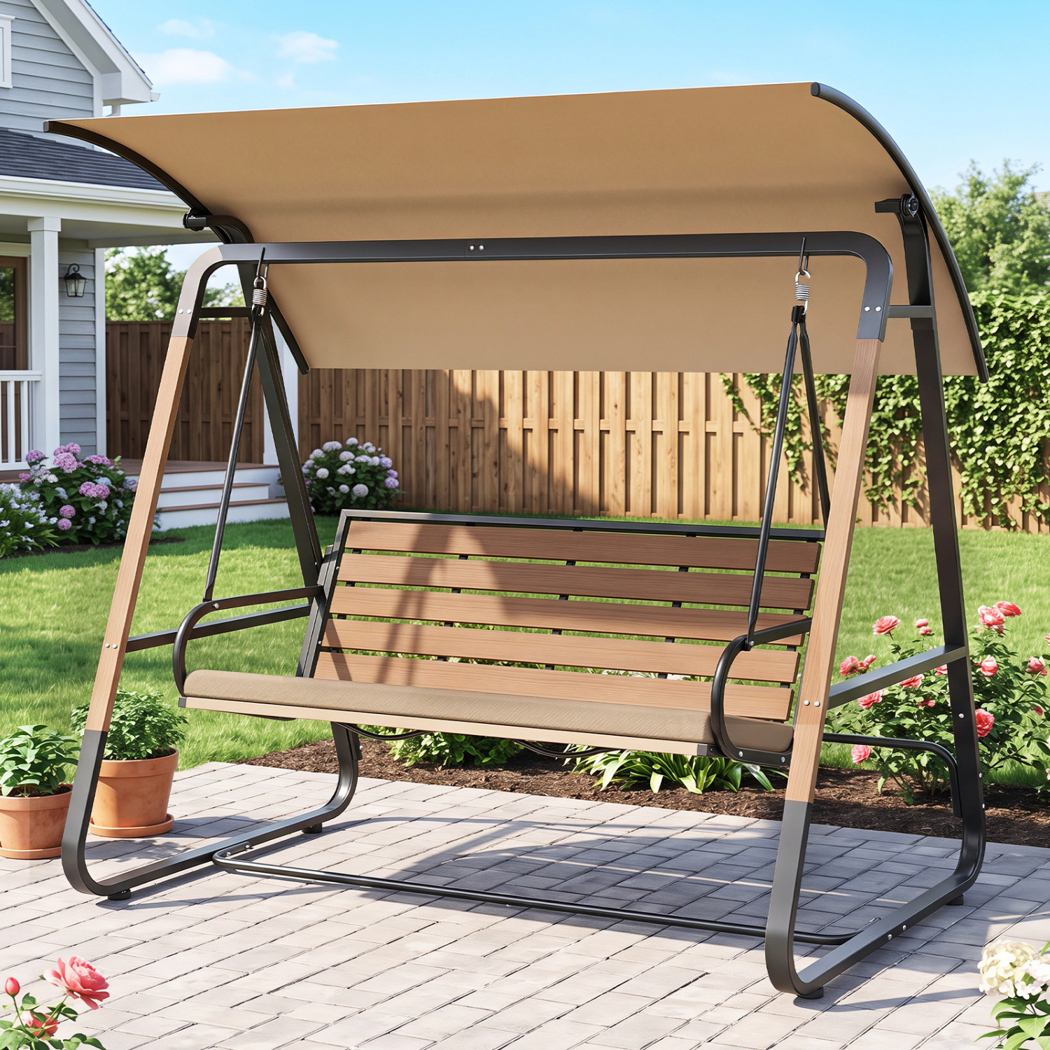 LJG 3-Person Porch Swing Outdoor with Adjustable Canopy