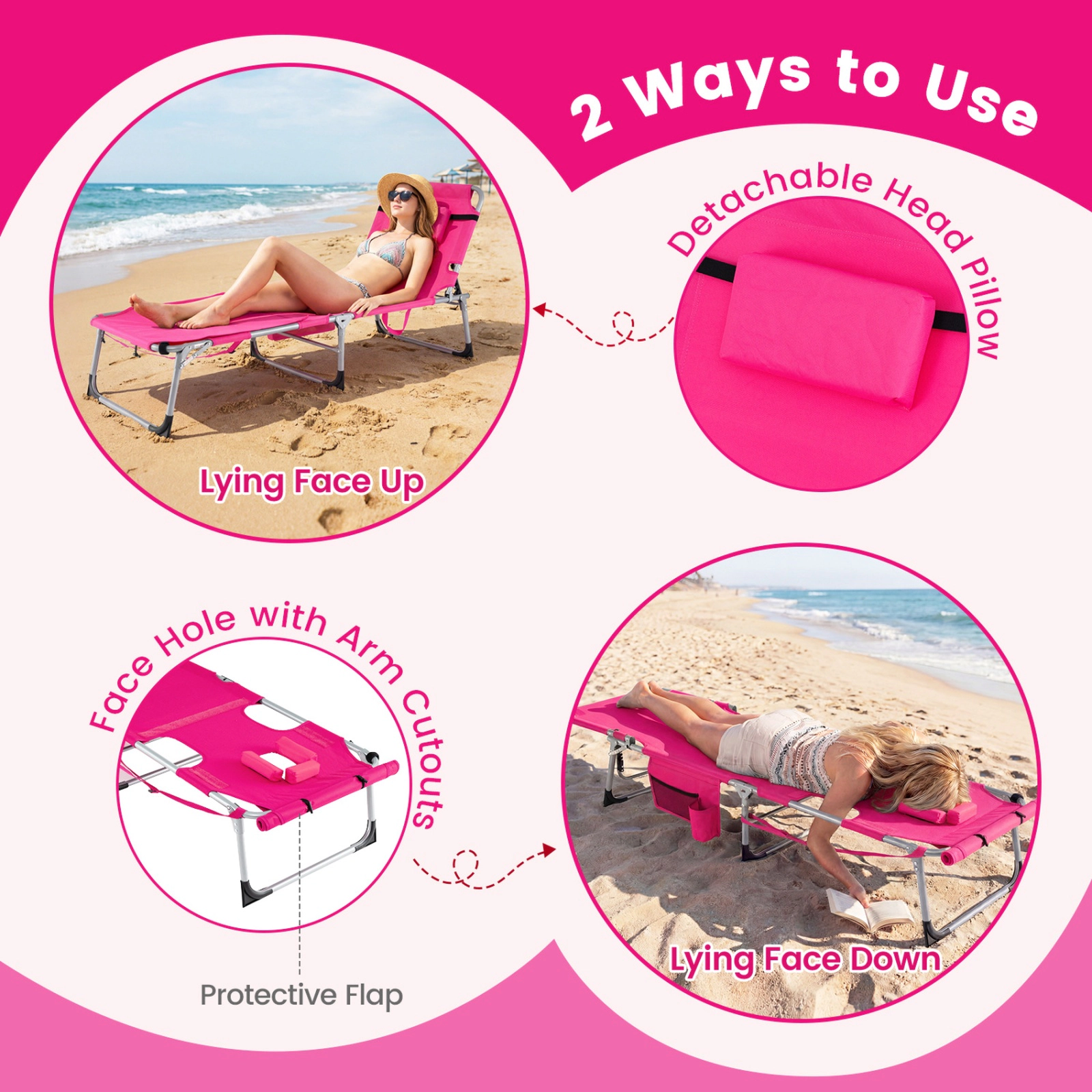 SUGIFT Set of 2 Portable Tanning Lounge Chairs Face & Arm Holes 330-Lb Capacity 4-Level Backrest 76.5-in Lounge Pink