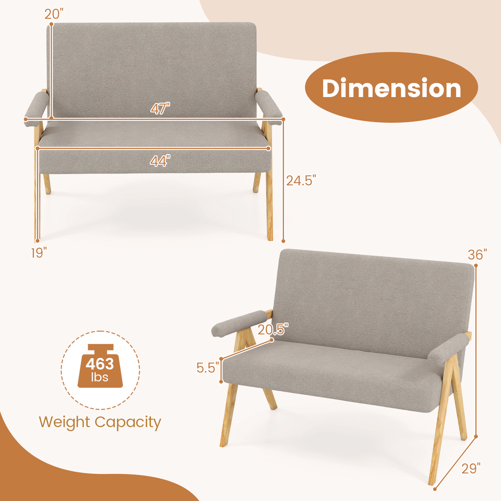 SUGIFT Loveseat Sofa Gray Sherpa Upholstered with Armrests and Wooden Legs