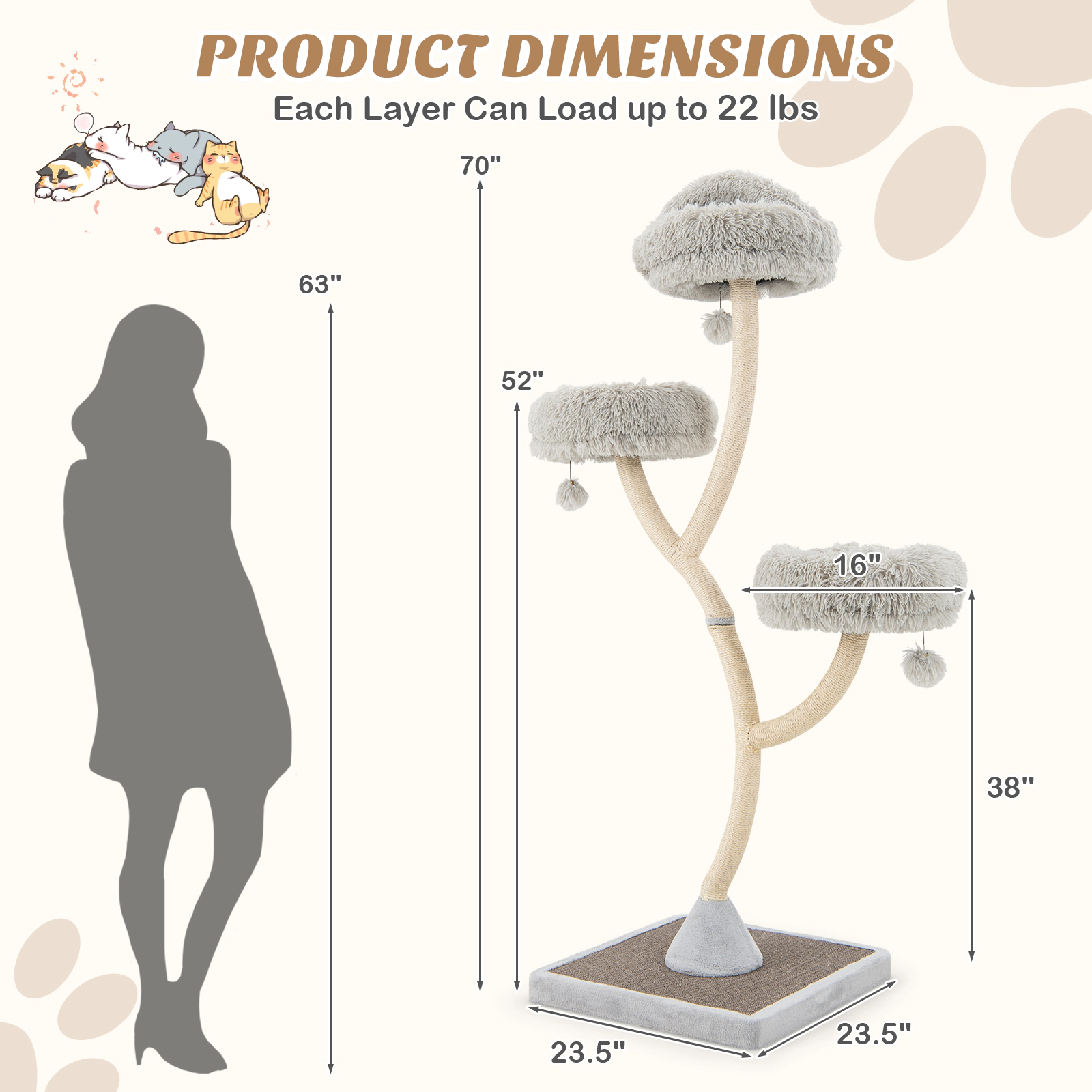 SUGIFT 70-in Decorative Cat Tree Tower with 3 Cushioned 16-in Perches Sisal Posts and 48.5-lb Base