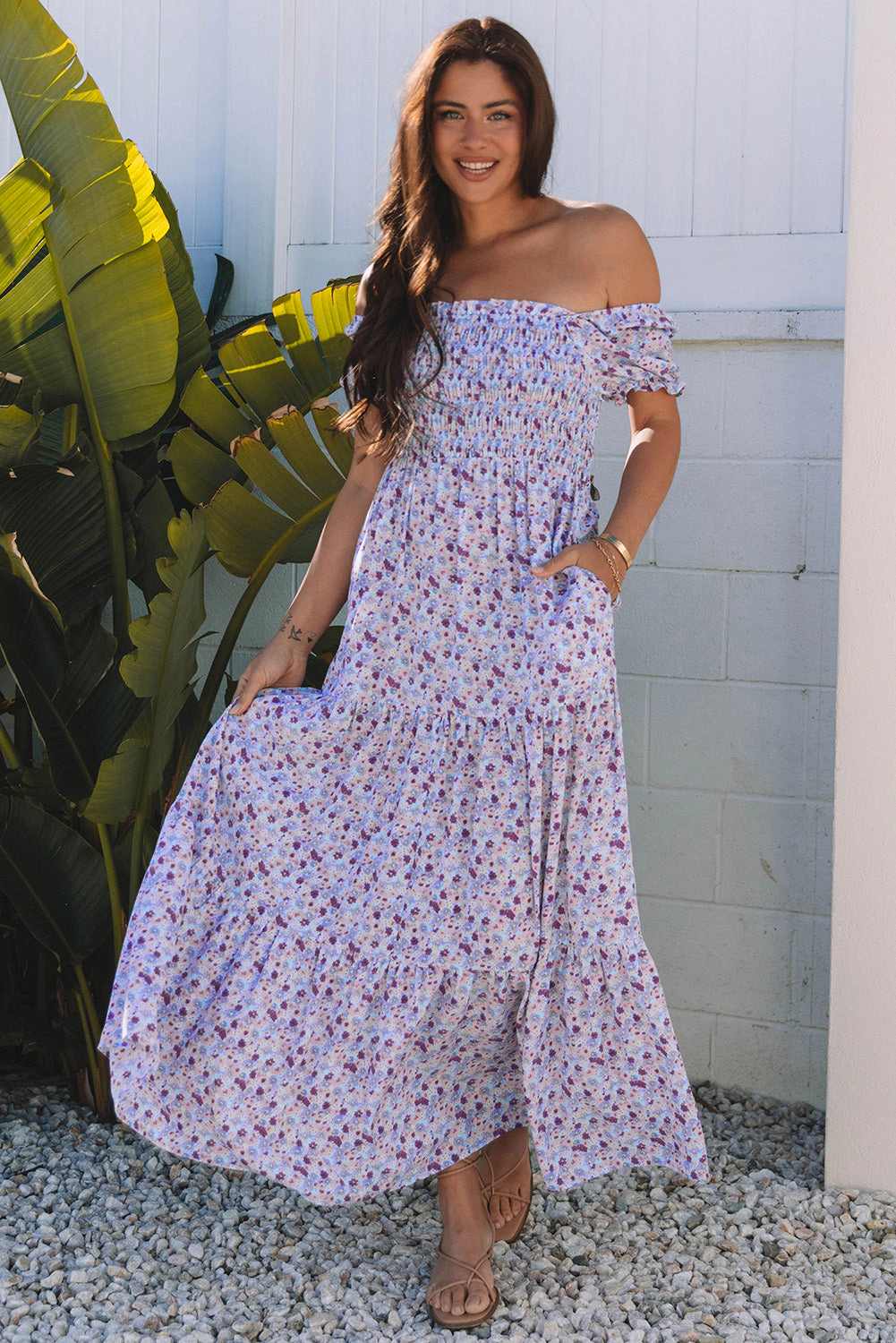 Threaded Pear Women's Lacey Floral Short Bubble Sleeve Maxi Dress
