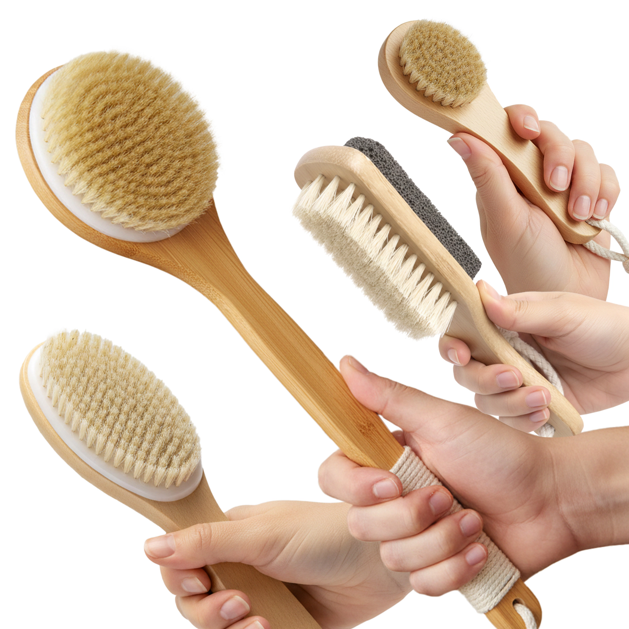 Cheer Collection 4 Piece Natural Bristle Shower Brush Set for Wet and Dry Body Exfoliation