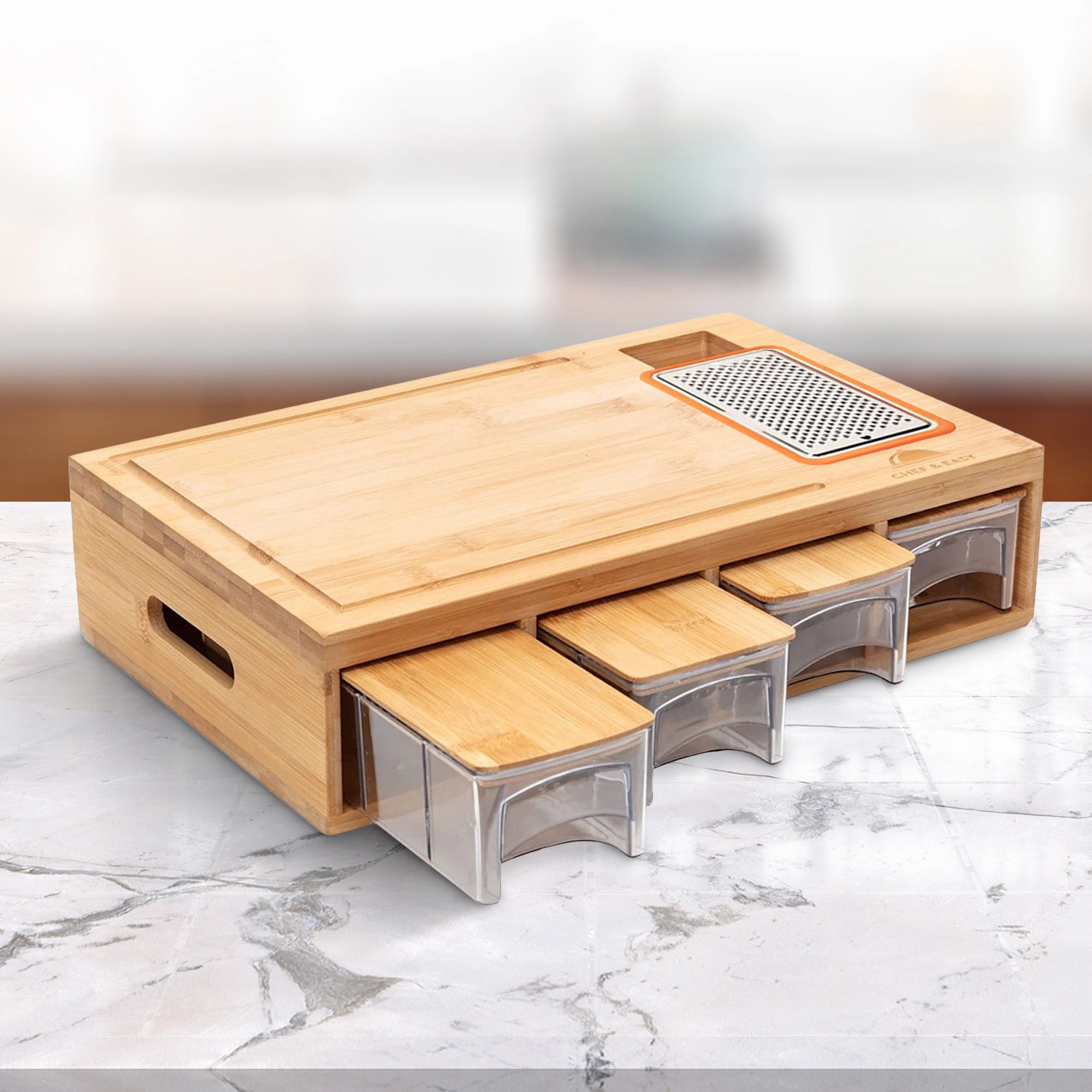 Cheer Collection Bamboo Cutting Board with 4 Graters, 4 Prep Trays with Lids and Juice Groove