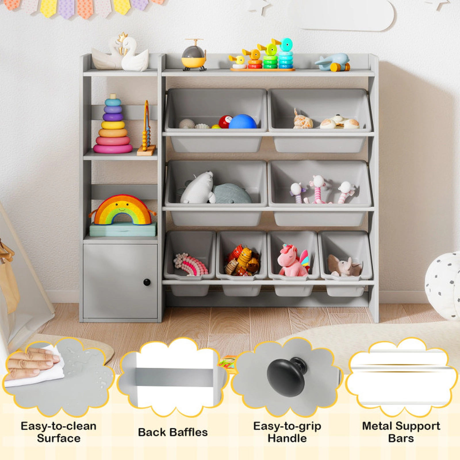 SUGIFT Kids Toy Storage Cabinet and Bookshelf Toy Organizer with Open Shelves and 8 Boxes 220-lb Capacity Ages 3+ Gray