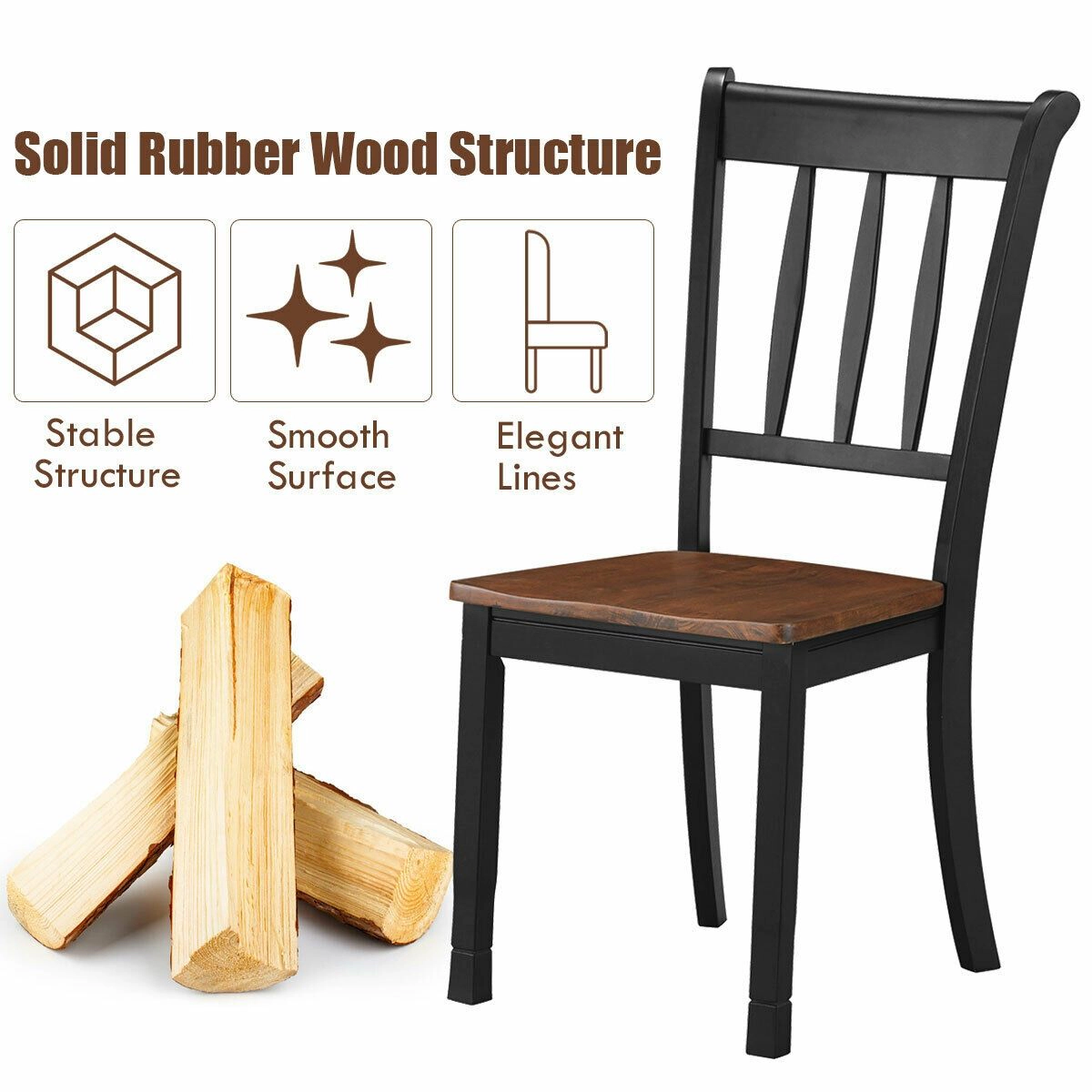 SlickBlue Dining Chair, Rubber Wood Legs, Ergonomic Curved Backrest, Black