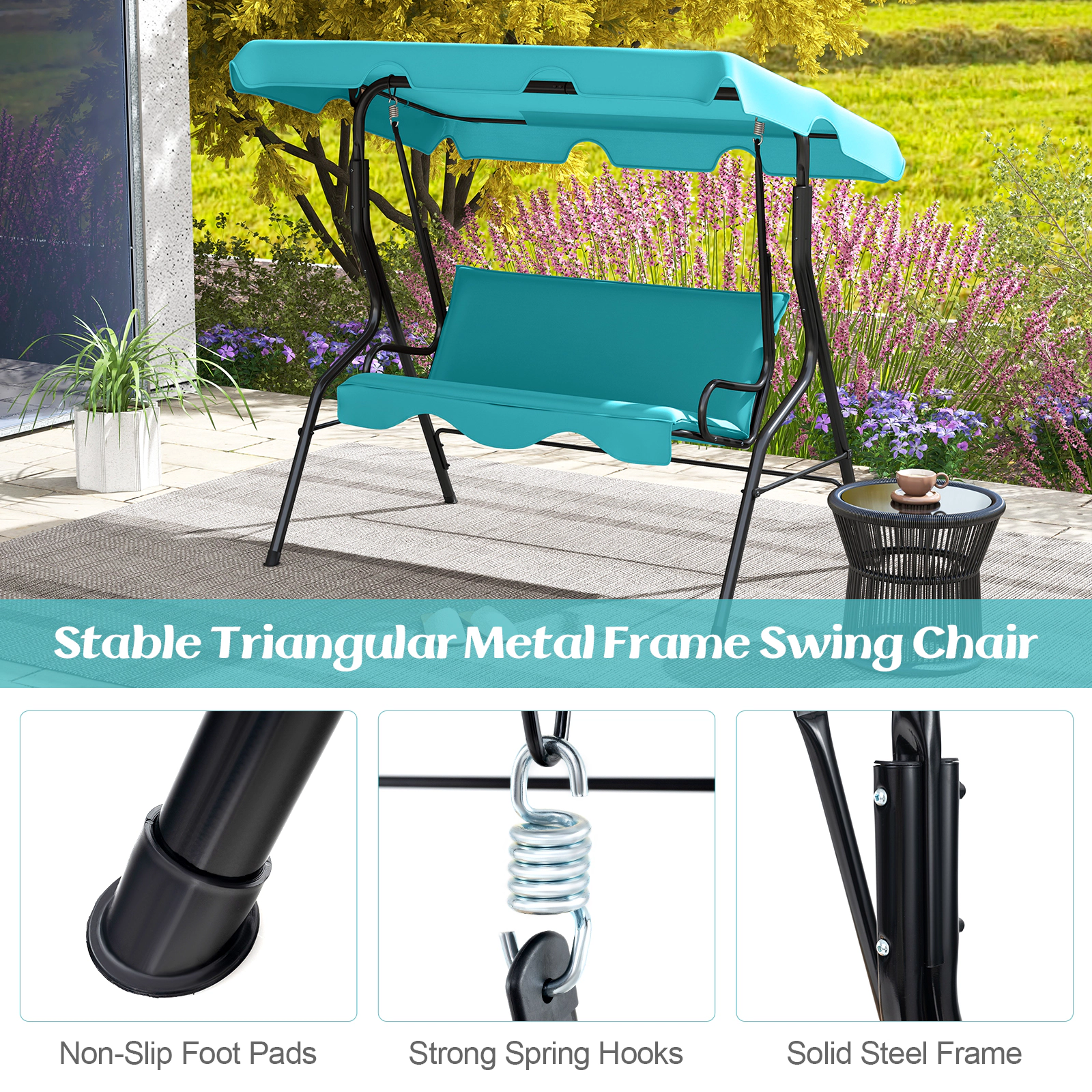 SUGIFT Turquoise 3-Seat Outdoor Canopy Swing, 440-Lb Capacity, Steel Frame