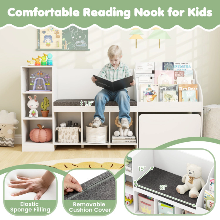 Hivvago Kids Bookcase with Reading Nook 4-in-1 Standing Toy Organizer