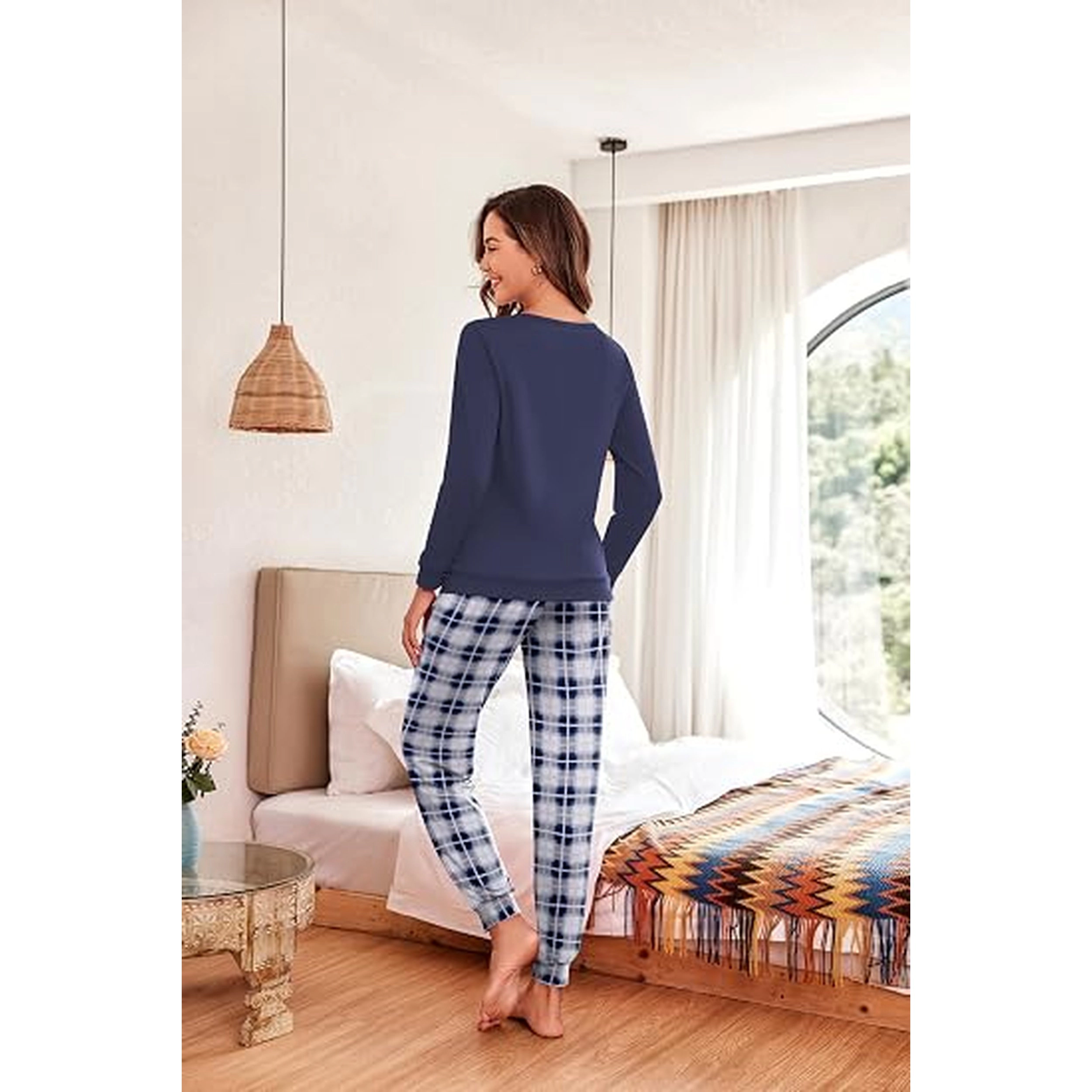 Ekouaer Pajama Sets Two Piece Plaid Pajamas Long Sleeve Lounge Gingham Nightwear with Pockets