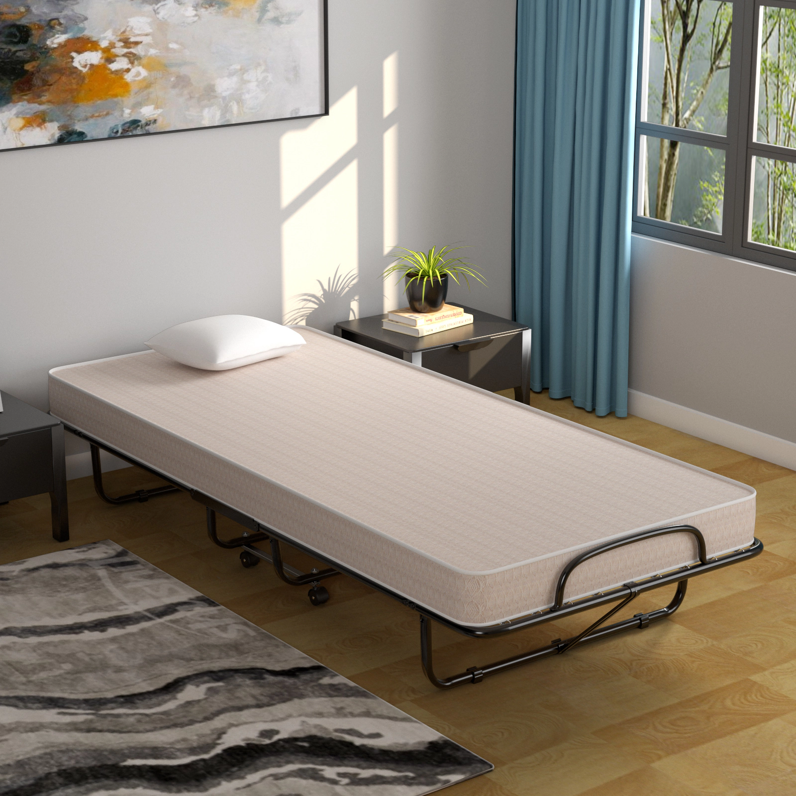 SUGIFT Twin Rollaway Guest Bed with Memory Foam Mattress, Beige