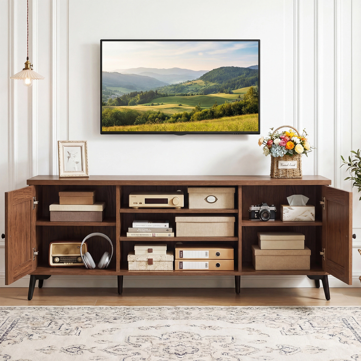 Glintex 59-Inch Mid-Century TV Stand with Carved Doors and 7-Height Shelves