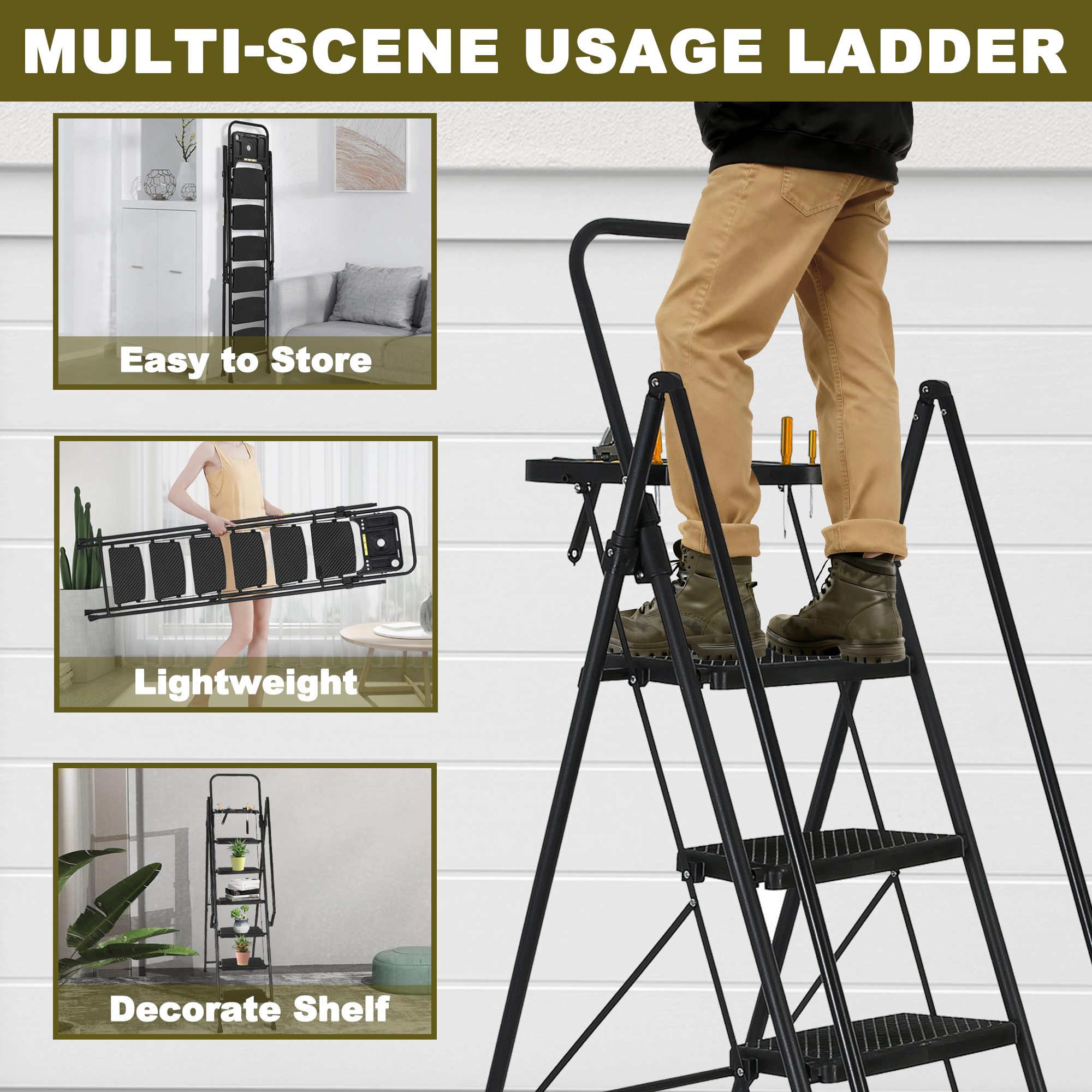 Flynama 6 Step Ladder- 330lb Capacity Steel Foldable Step Stool With Tool Tray (Black)