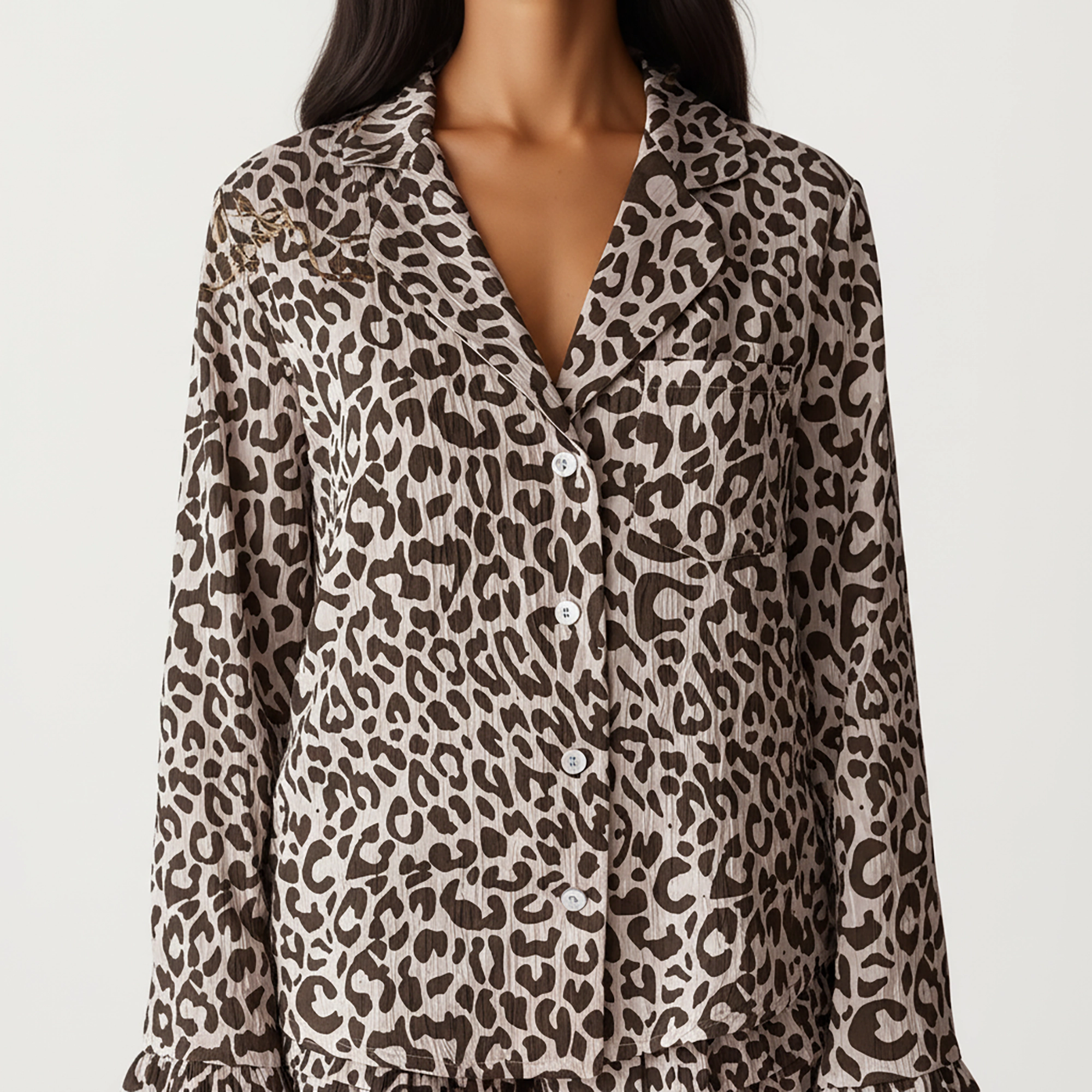 Anna-Kaci Women's Button Down Leopard Print Pajama Set with Ruffled Hem Shorts