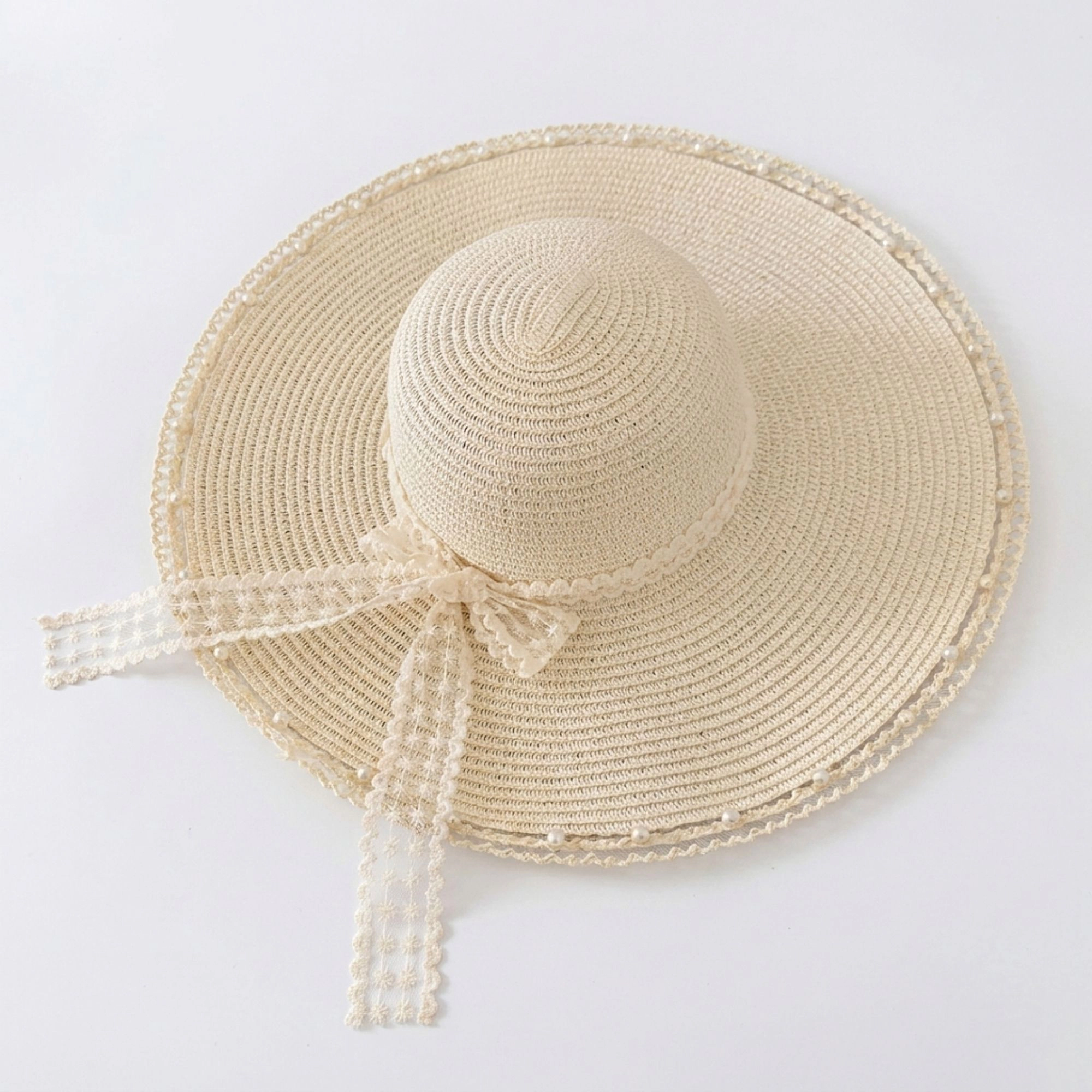 Anna-Kaci Women's Wide Brim Sun Hat with Lace Bow and Pearl Trim