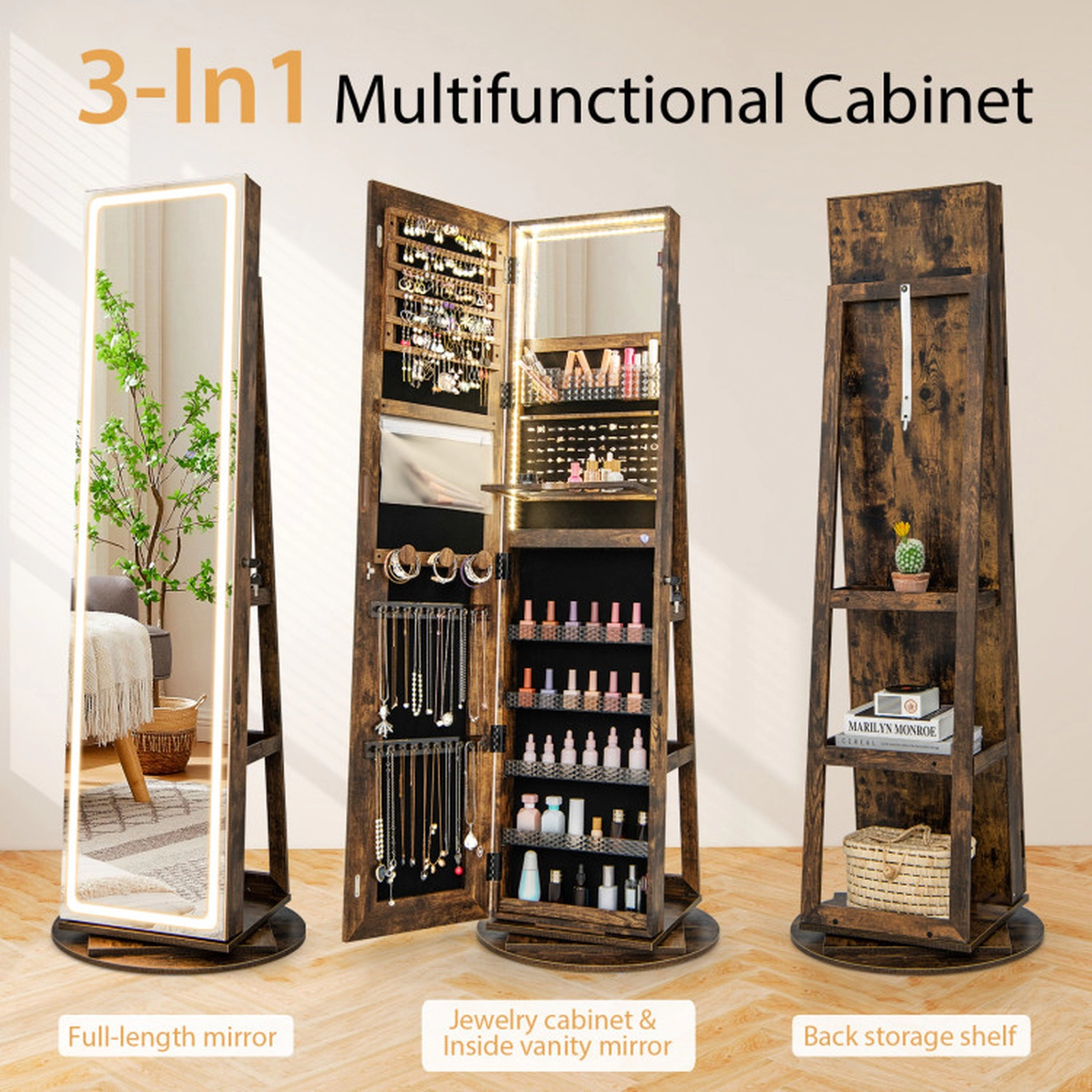 SUGIFT Standing Jewelry Cabinet Armoire LED Full-Length Mirror Makeup Mirror Rotating Base 21.5 x 21.5 x 63-in Coffee