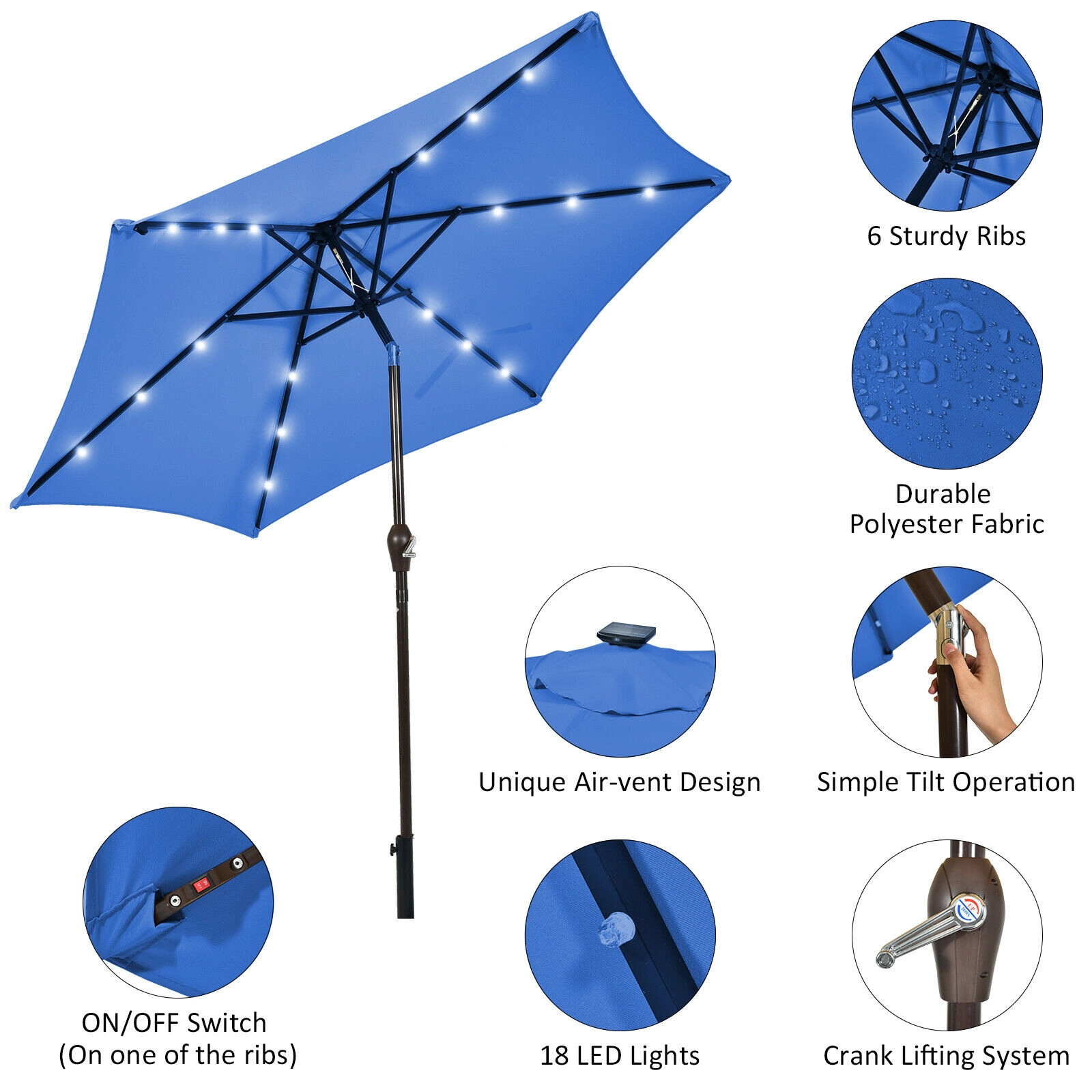 SUGIFT Push Button Tilt and Crank Lift 9 FT Solar LED Lighted Market Patio Umbrella