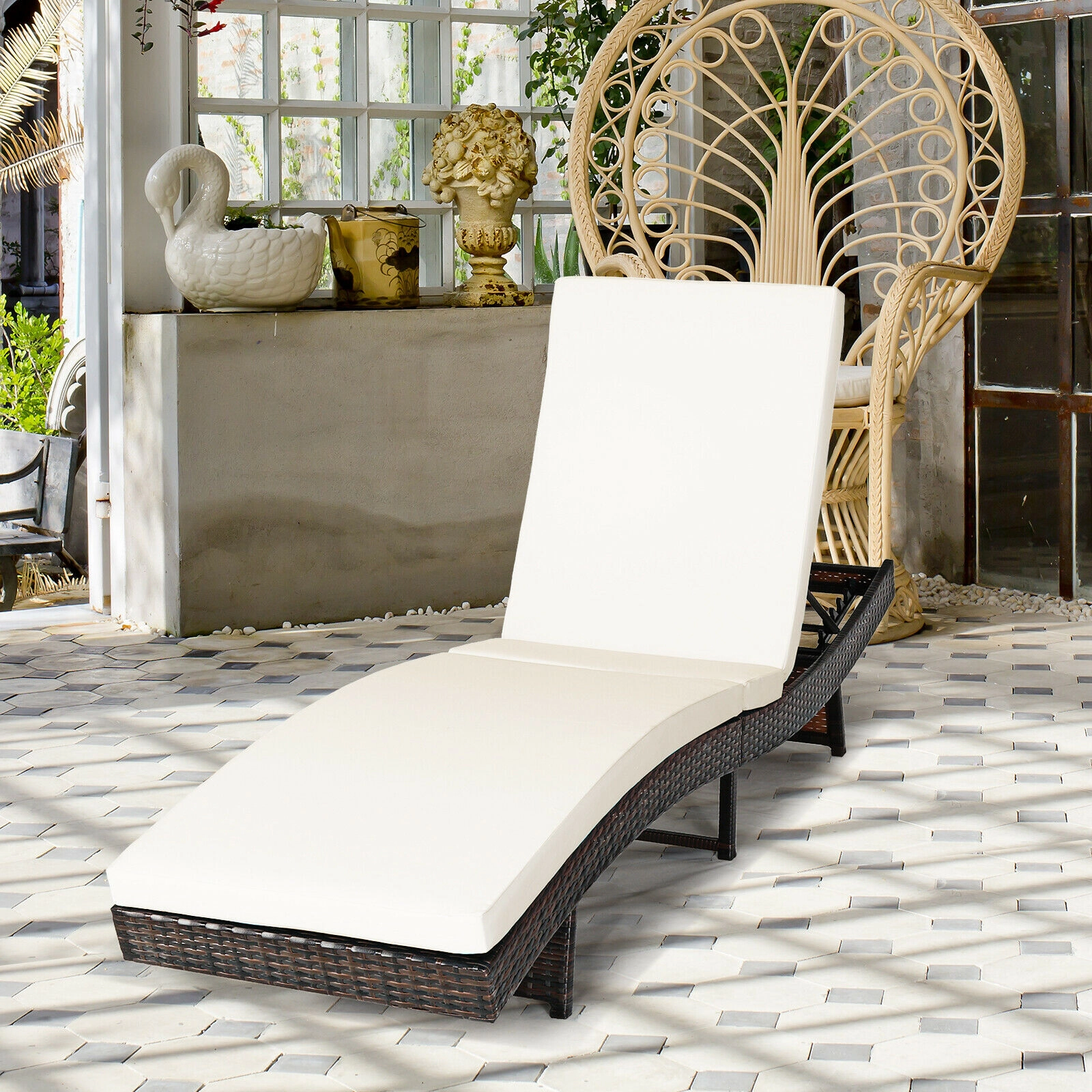 SUGIFT 83-In Folding Outdoor Chaise Lounge, White PE Rattan, 5-Level Backrest, 2.5-In Cushion