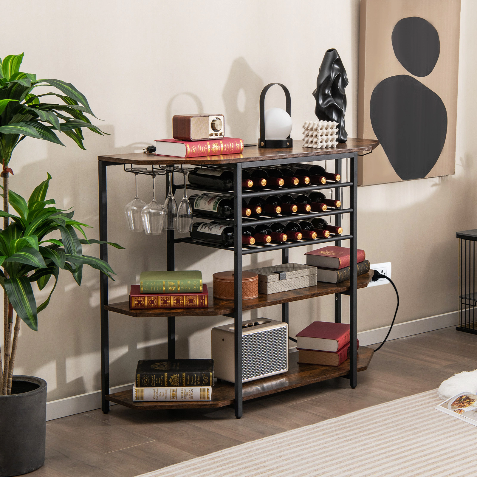 SUGIFT 47.5-in Coffee Bar Cabinet with Power Outlet 3-Tier Wine Sideboard 21-Bottle Rack and Glass Holder