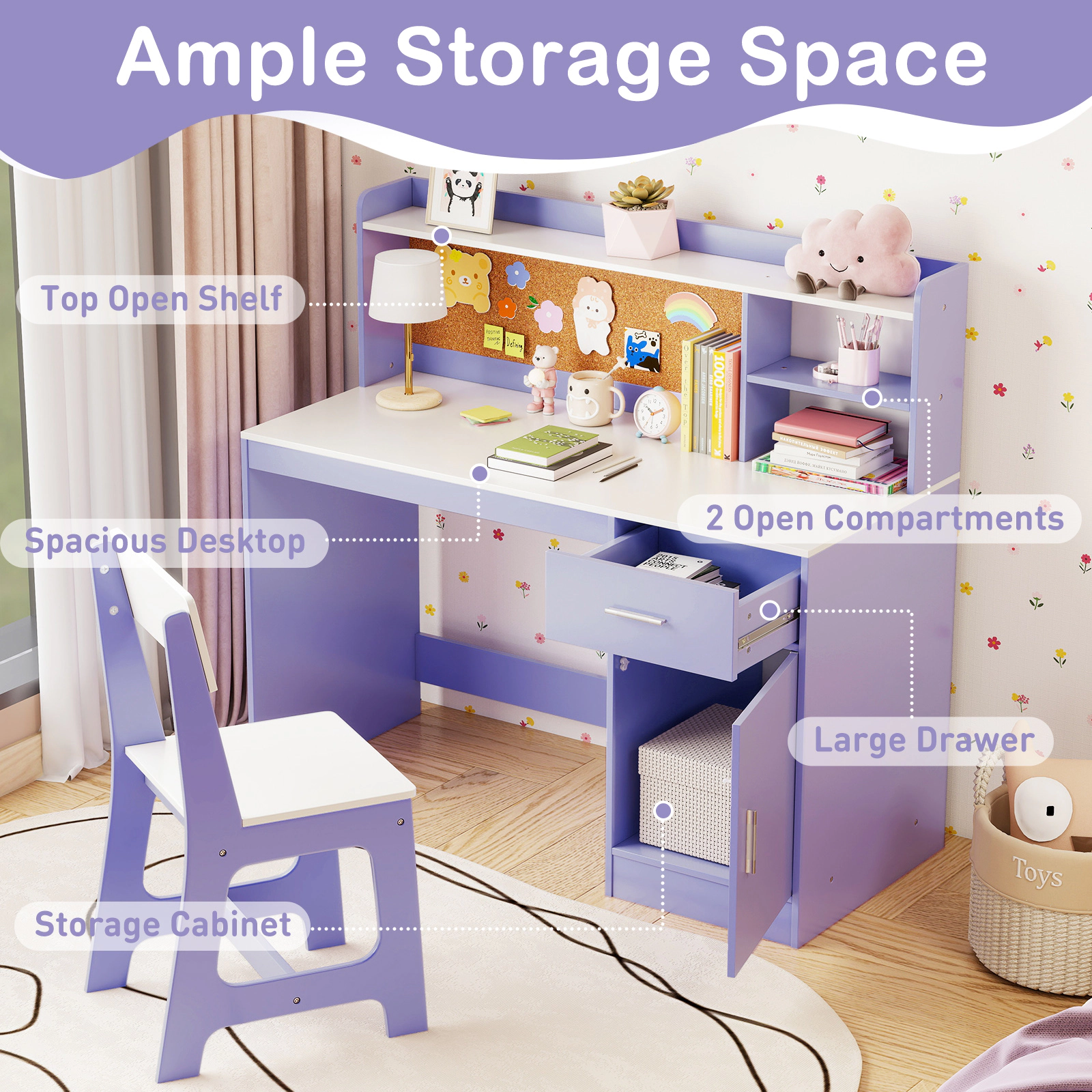 SUGIFT Kids Student Desk and Chair Set, 43-in Table with Cork Board, Drawer and Storage Cabinet, Purple
