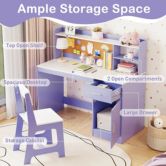 SUGIFT Kids Student Desk and Chair Set, 43-in Table with Cork Board, Drawer and Storage Cabinet, Purple