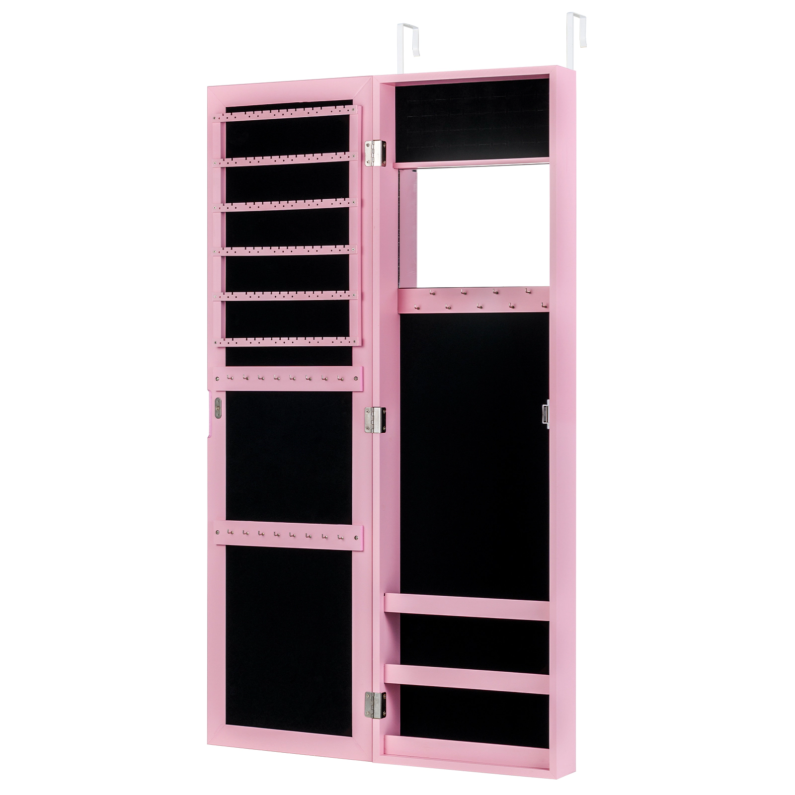 SUGIFT Pink Hanging Jewelry Organizer Cabinet Wall or Door Mounted Armoire with Makeup Mirror and Hooks