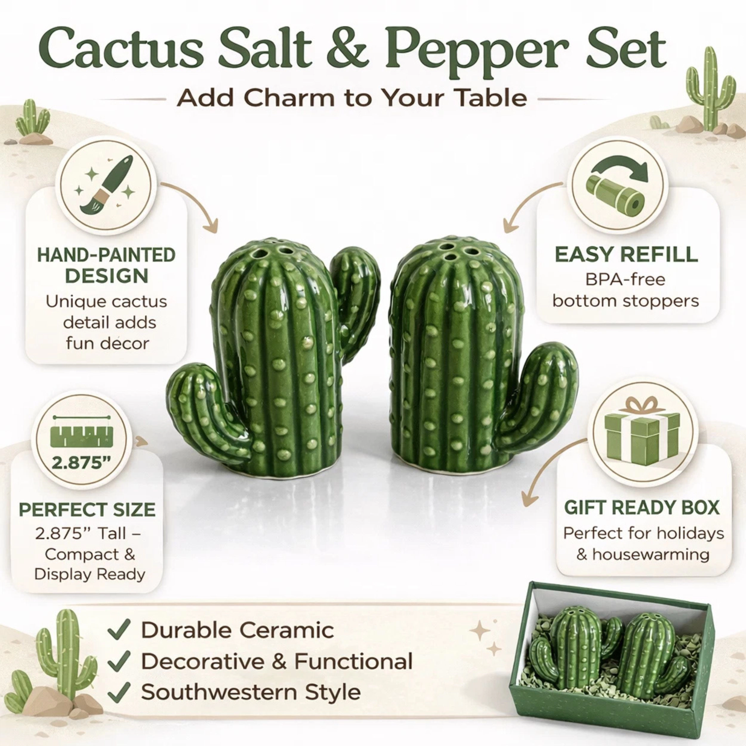 Home Collection Ceramic Cactus Salt & Pepper Shaker Set