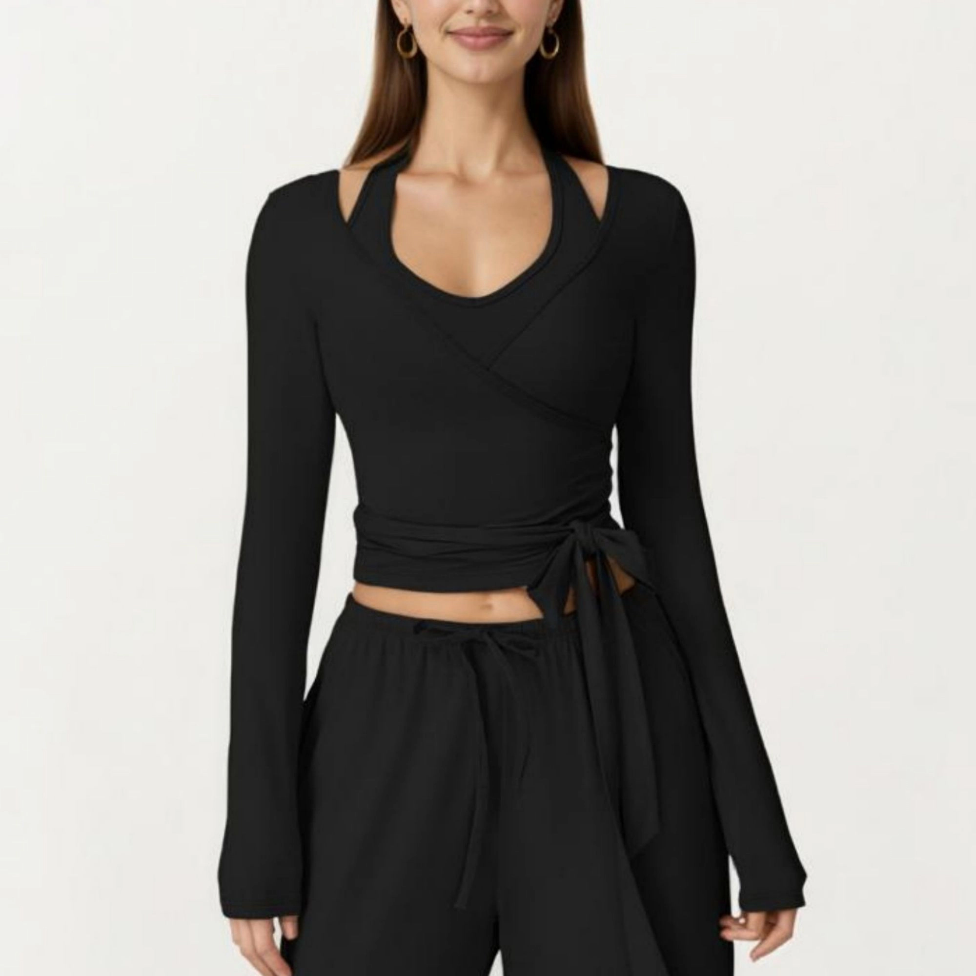 Anna-Kaci Women's Long Sleeve Wrap Front Crop Top with Tie Waist V Neck Fitted Stretch Knit Shirt