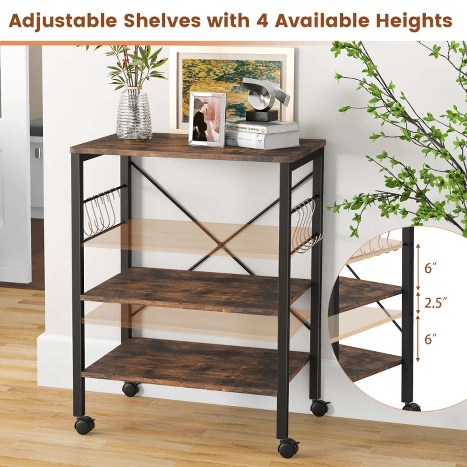 SUGIFT Rustic Brown 3-Tier Kitchen Cart Bakers Rack with 10 Hooks 23.5-in W 16-in D 29-in H 44-lb Top