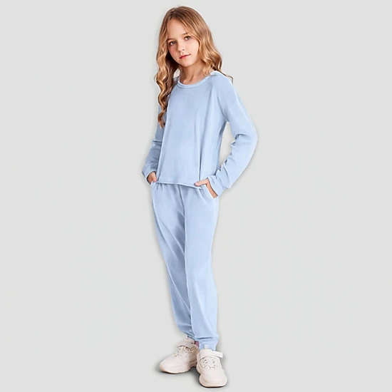 Arshiner Girls Soft Velour Crew Neck Long Sleeve 2-Piece Tracksuit Jogger Outfit Set