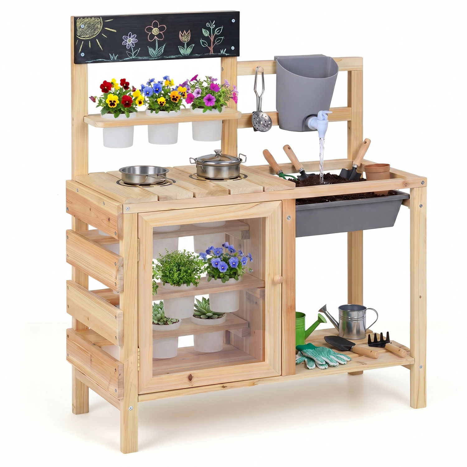LJG Kids Mud Kitchen Playset with Sink and Plants Observation Room