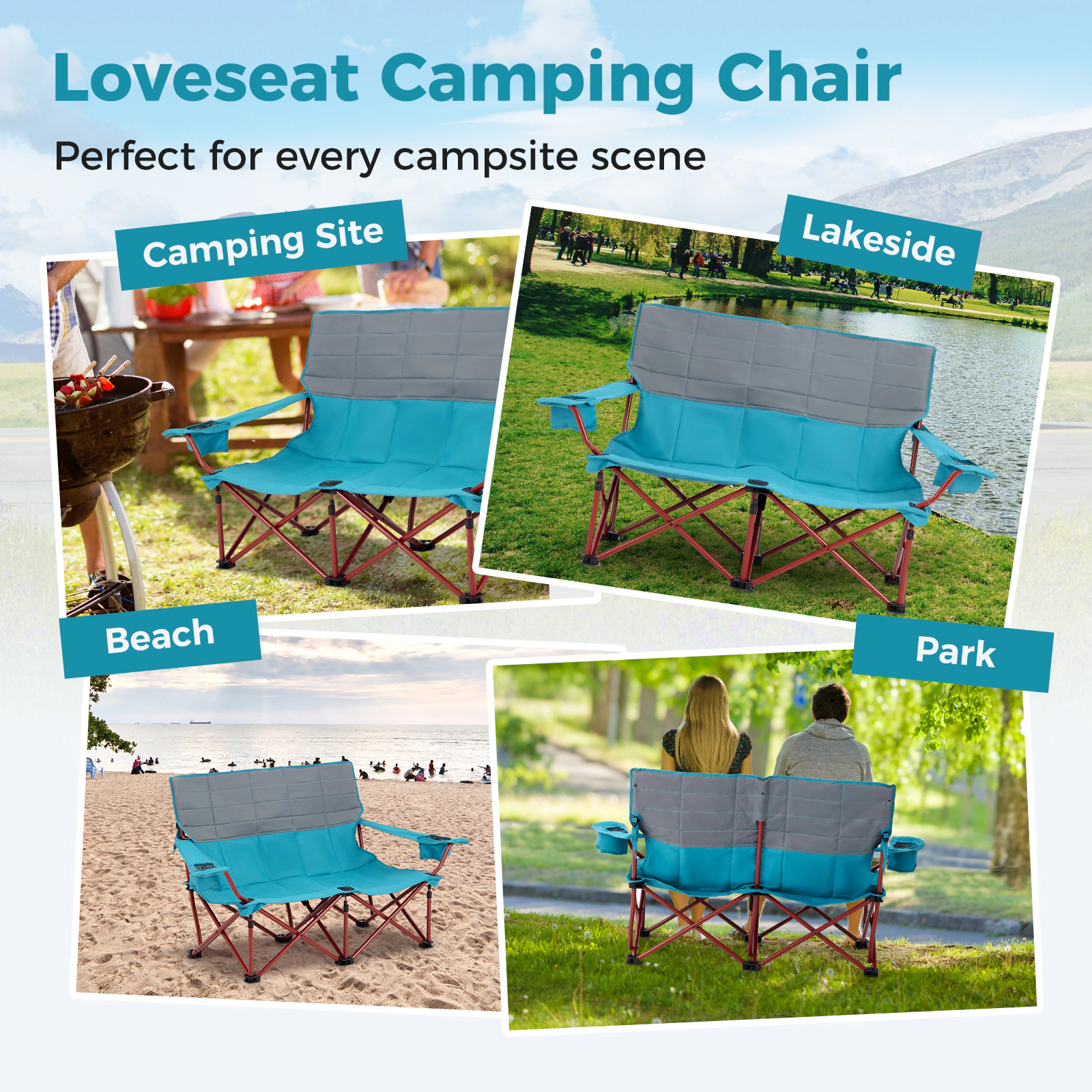 SUGIFT Oversized Folding Loveseat Camping Chair with Cup Holders 660-lb Capacity 59-in Wide 2-Person Green/Navy Blue