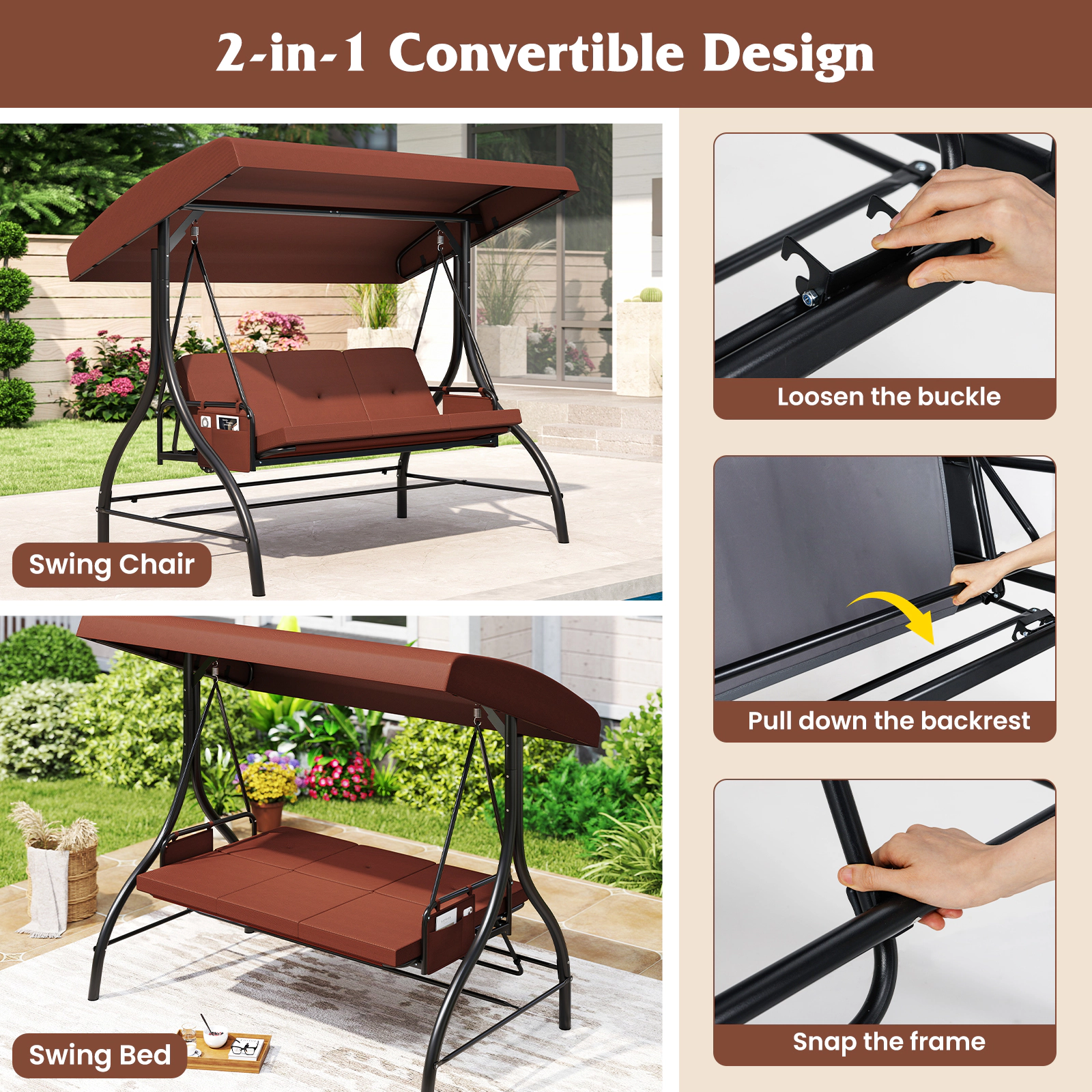 SUGIFT 3-Piece Brown Convertible Patio Swing Bed with Canopy