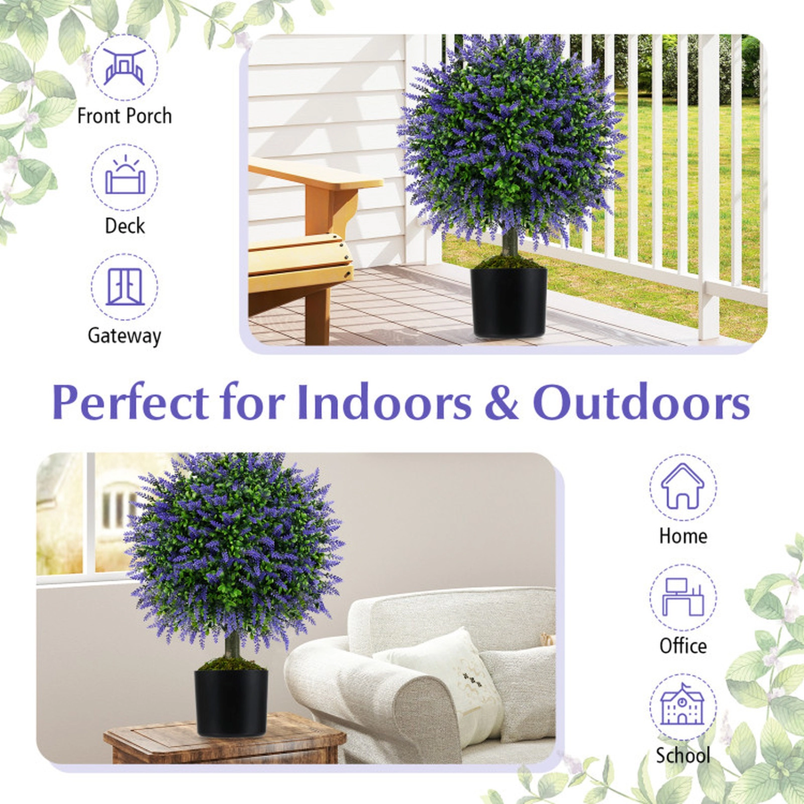 SUGIFT Set of 2 Artificial Lavender Topiary Ball Trees 23-in Tall with 6 x 5.5-in Cement-Filled Pot Green & Purple