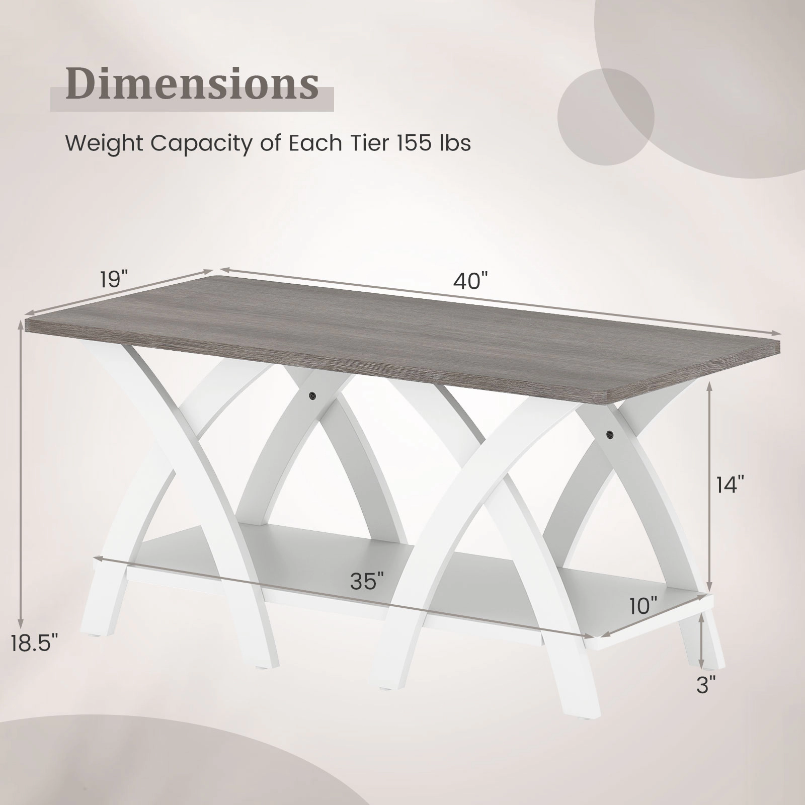 SUGIFT 2-Tier X-Shaped Legs Rubber Wood Farmhouse Coffee Table 40-in x 19-in x 18.5-in 155-lb Capacity Gray