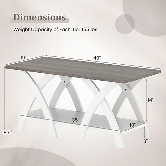 SUGIFT 2 Tier MDF Rubber Wood X Frame Open Shelf Farmhouse Coffee Table In Gray