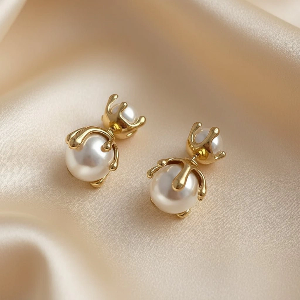 DressAtR Women's Shell Pearl Geometric Stud Earrings