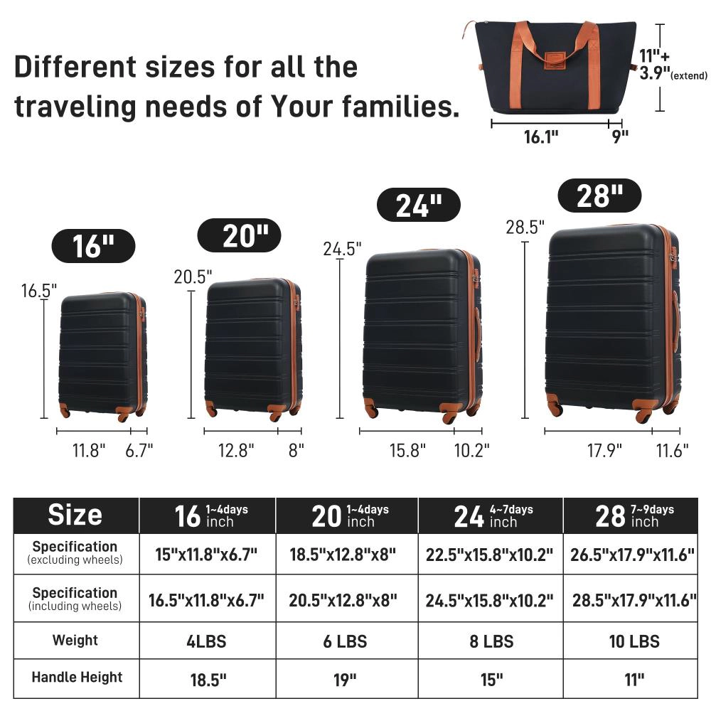 Hivvago Hardshell Luggage Sets 4 pcs + Bag Spinner Suitcase with TSA Lock Lightweight-16'+20'+24'+28' Luggages