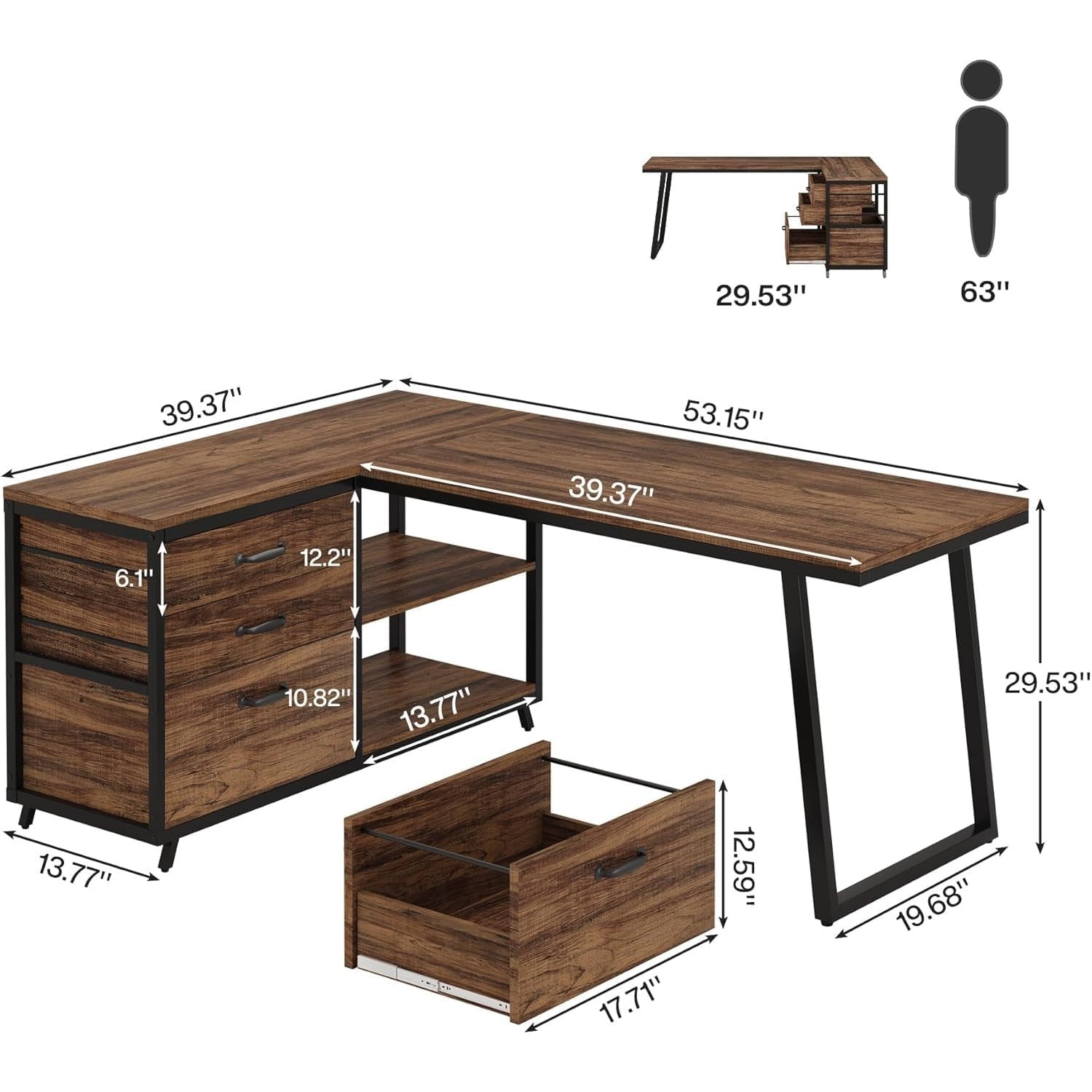 Tribesigns Industrial L-Shaped Wood Computer Desk with Drawers