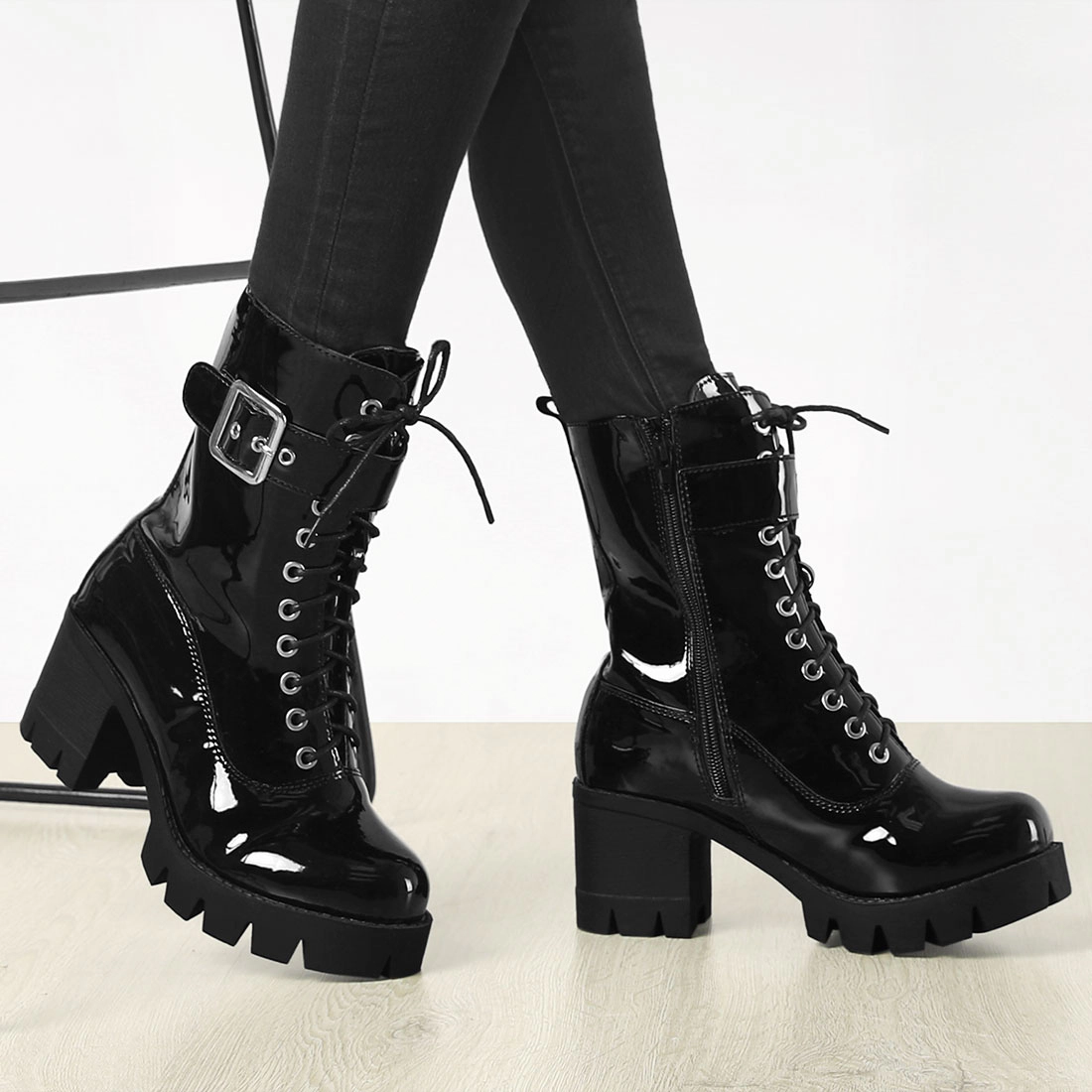 BLISSFUL STEP Women's Zip Platform Chunky Heel Combat Boots
