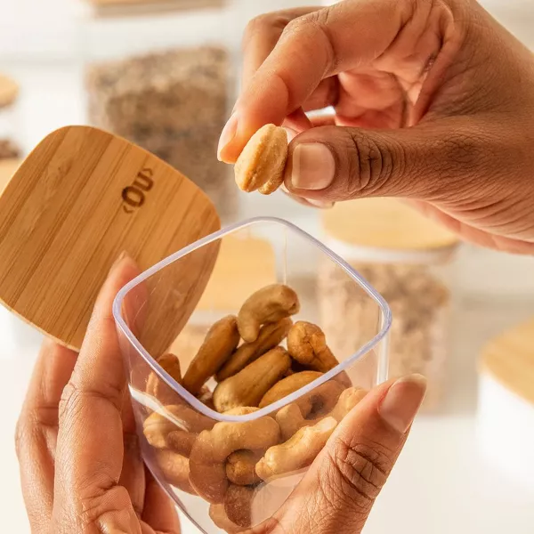 OU Airtight Food Storage Container 1.9cup, Clear Plastic w/ Leak Proof Bamboo Lid, Stackable Kitchen Pantry Organizer