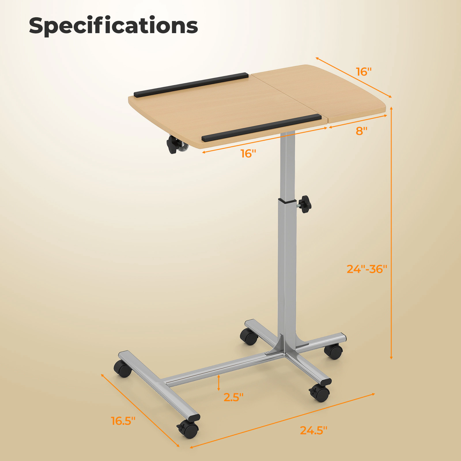SUGIFT 23.5-in 5-Level Height Adjustable Rolling Laptop Table with Tilting Top Steel Frame and Lockable Wheels