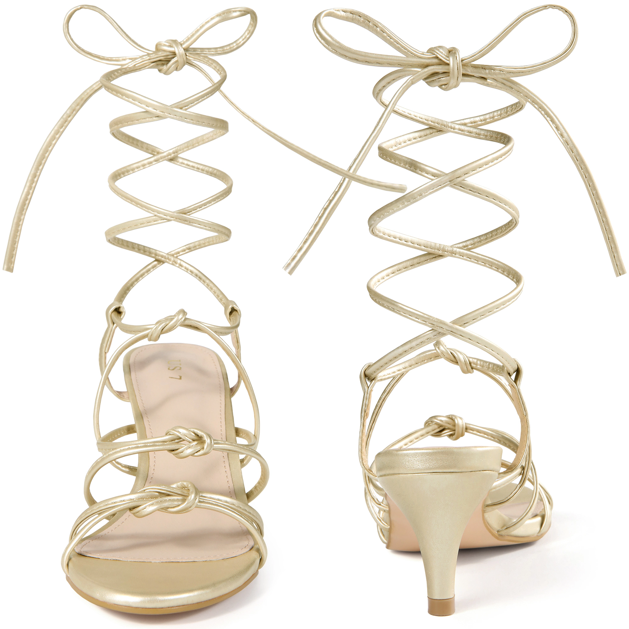 BLISSFUL STEP Women's Strappy Lace Up Kitten Heels Sandals