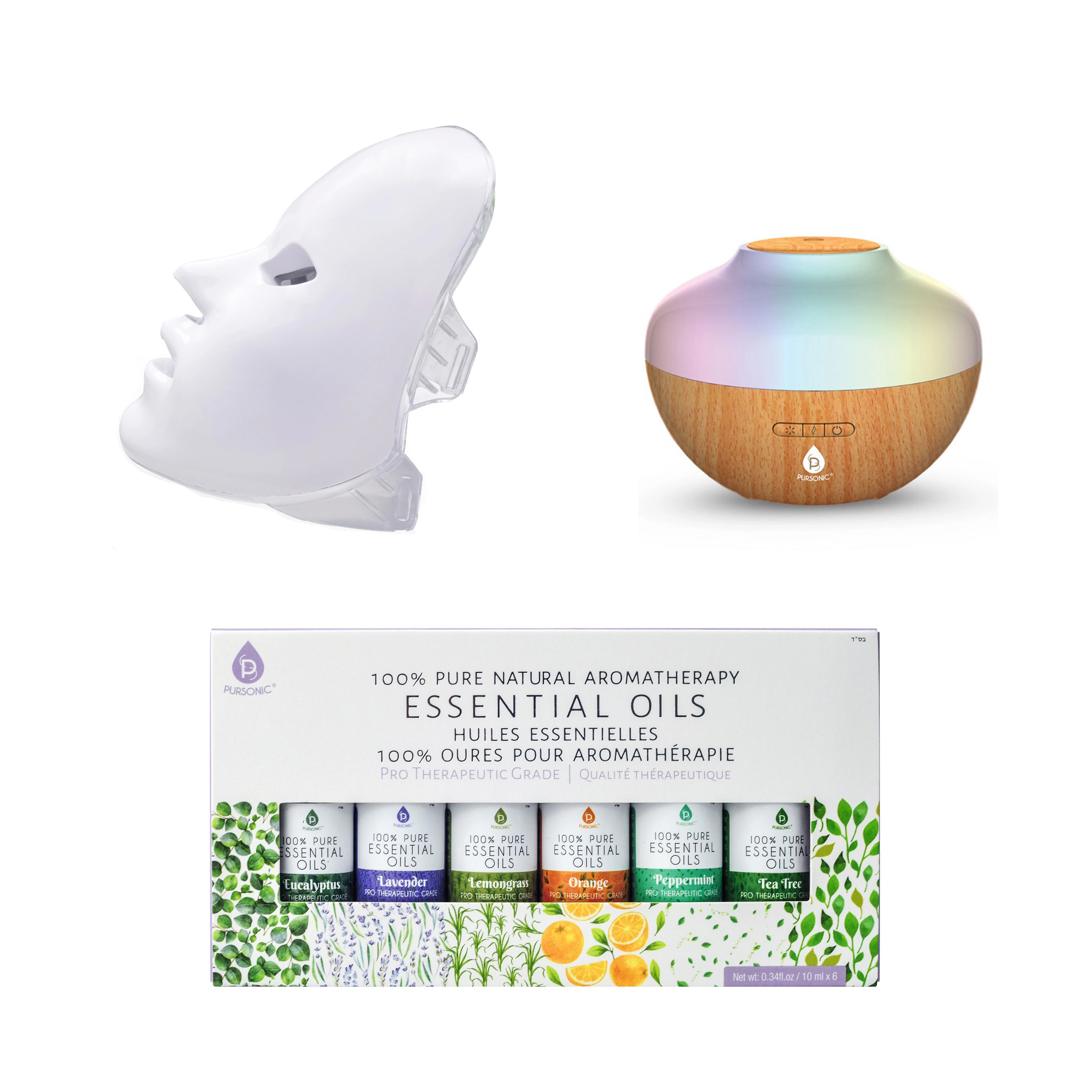Pursonic Women's Self-Care Wellness Bundle: 7-Color LED Therapy Face Mask, Ultrasonic Diffuser & 6 Essential Oils