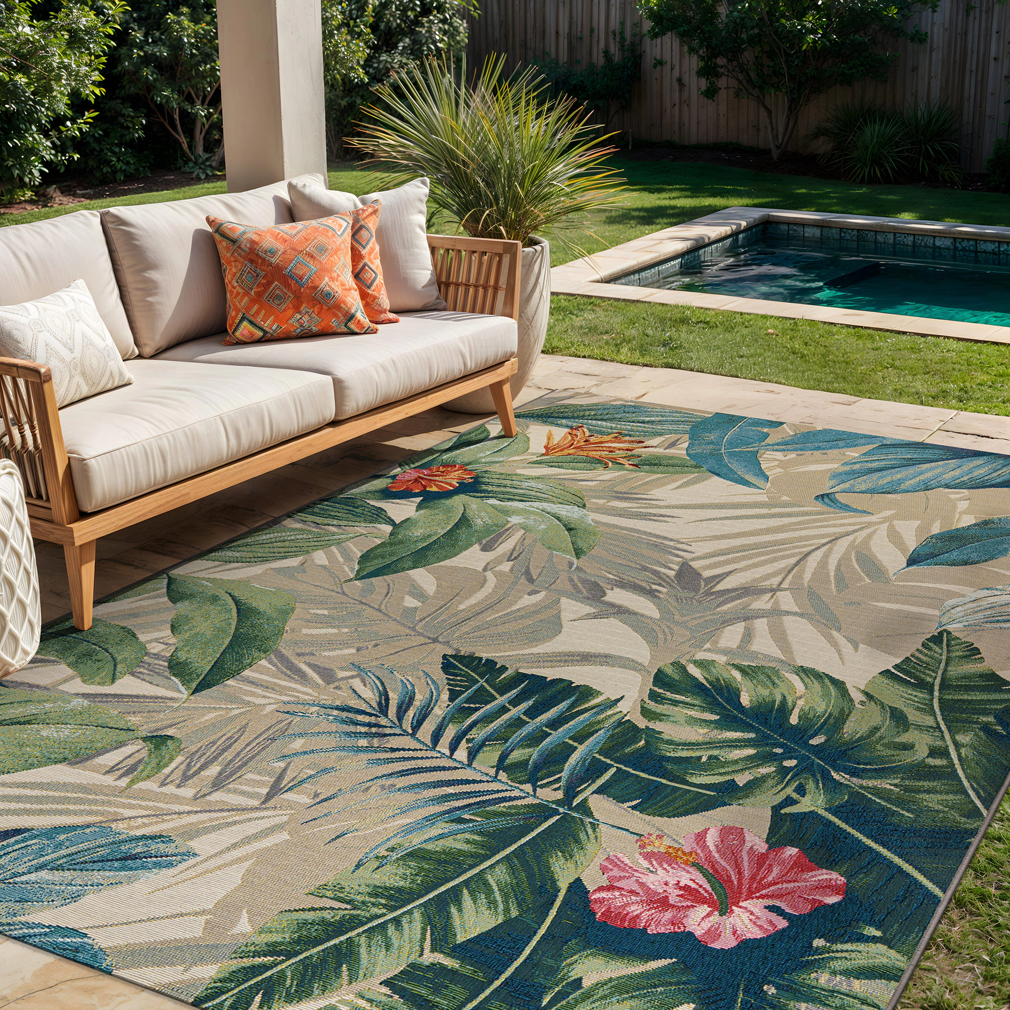 World Rug Gallery Tropical Botanical Floral Indoor/Outdoor Area Rug, Easy-Clean Patio Rug