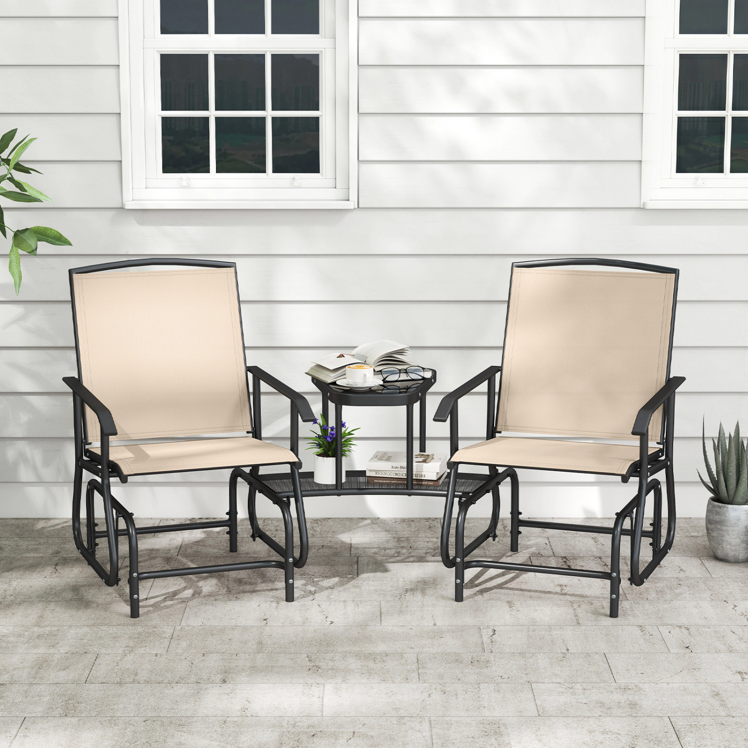 Hivvago 2-Seater Outdoor Glider Bench With 2-Tier Center Table