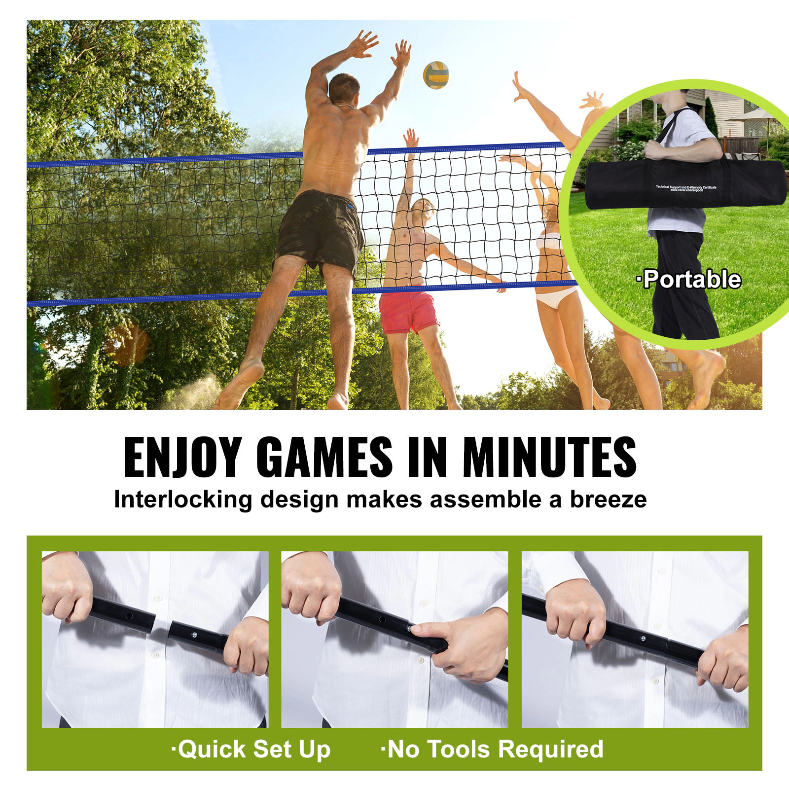 HONGGE Outdoor Portable Volleyball Net Set, Steel Poles, Adjustable 7.4-8 ft Official Height, with Ball, Pump & Bag