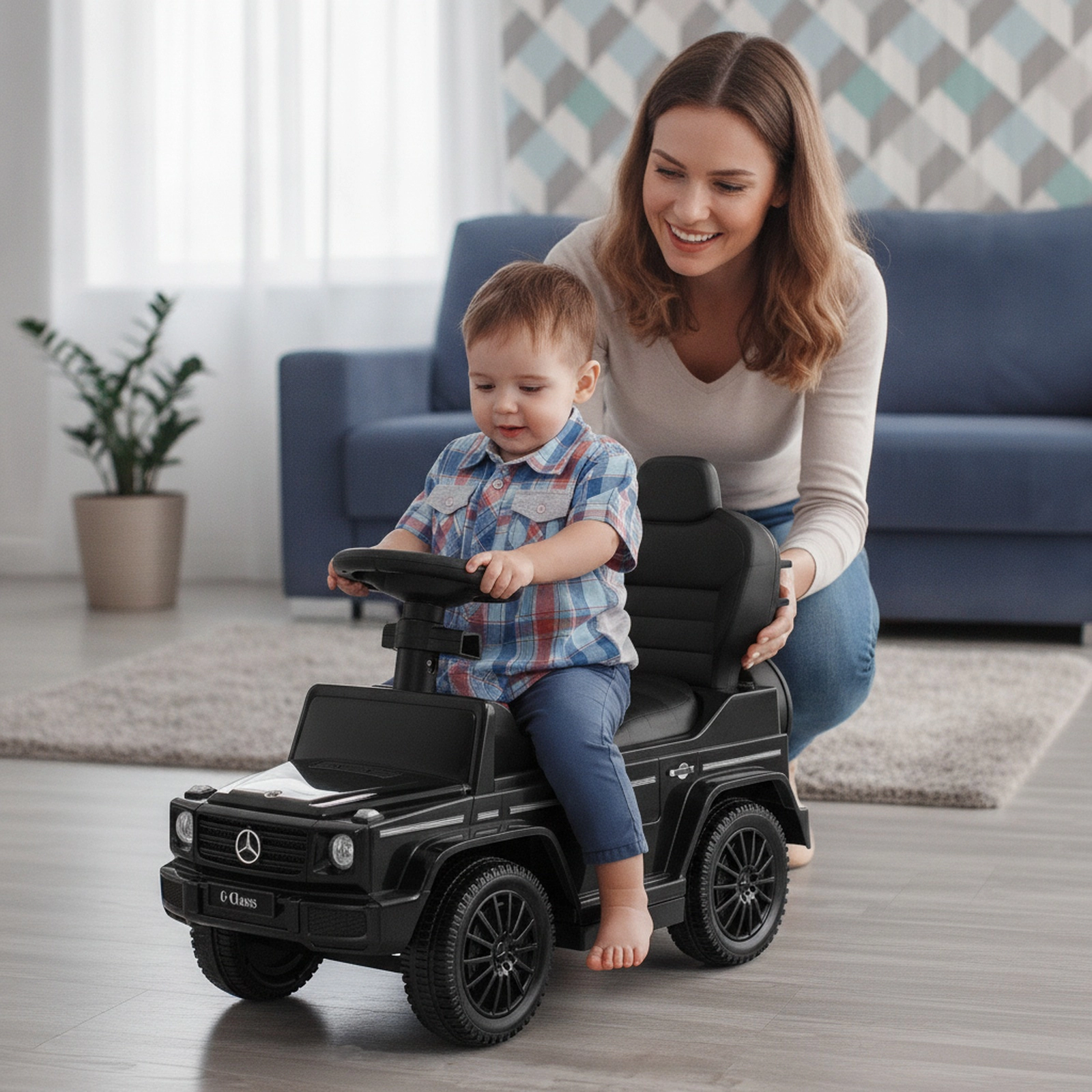 3-in-1 Toddler Push Car Adjustable Canopy Retractable Footrest Stroller Walker 18-36 Months 55-lb Capacity Black